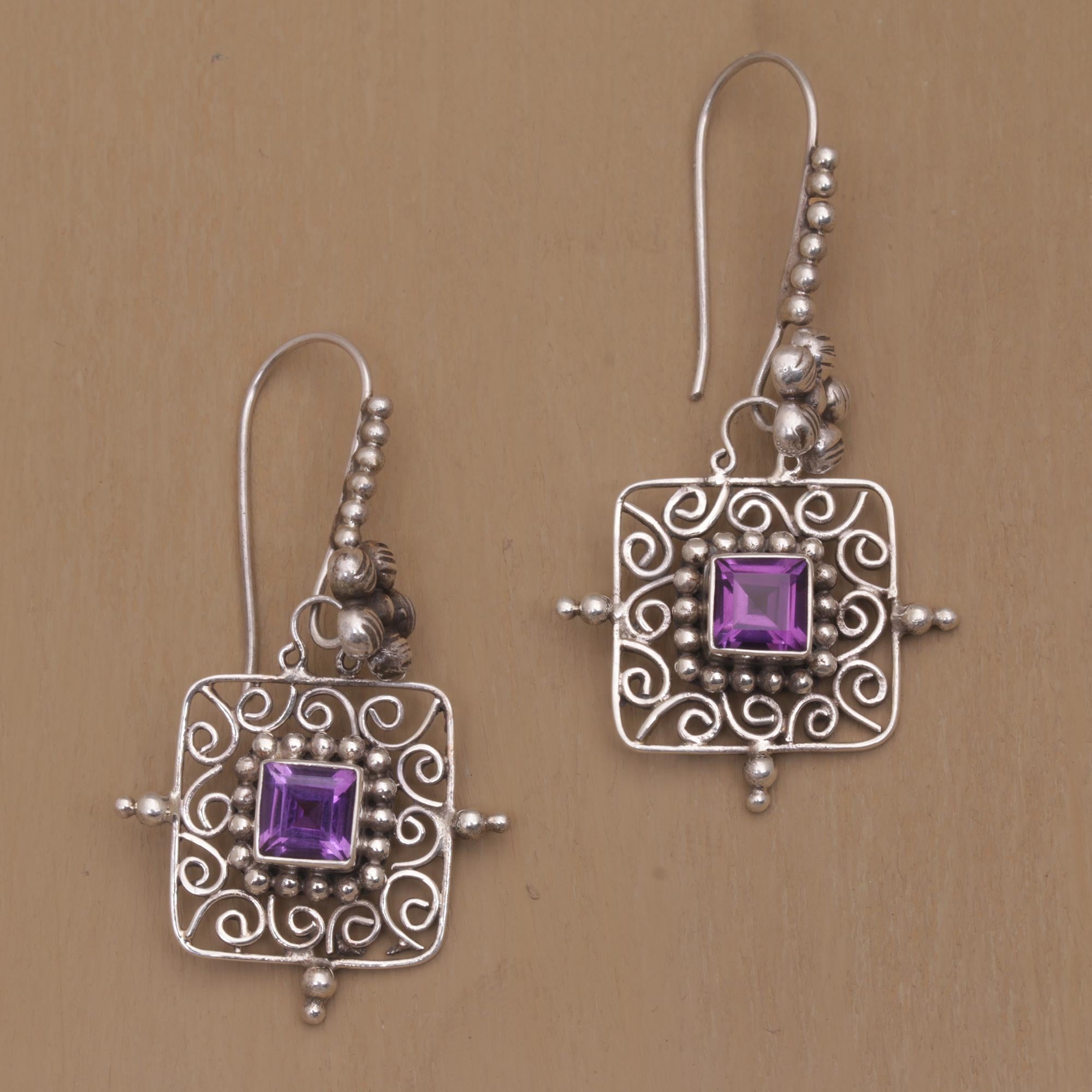 Premium Floral Amethyst Dangle Earrings - Handcrafted in Bali