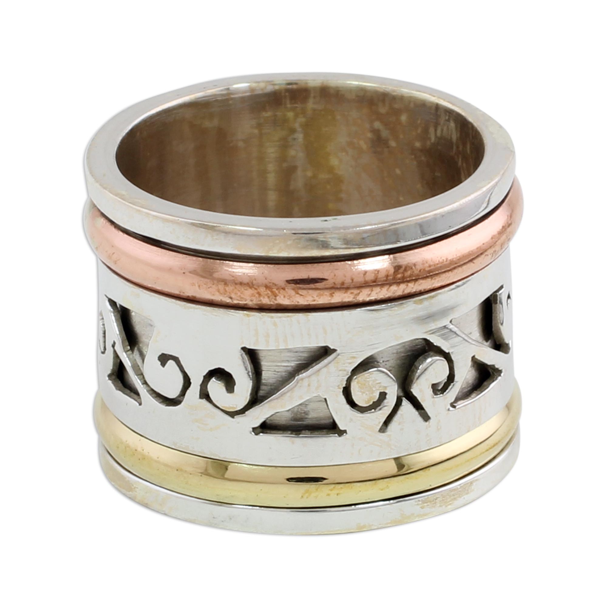 Premium Sterling Silver Spinner Ring with Copper & Brass Accents – Meditation Jewelry by Neetu Barathi