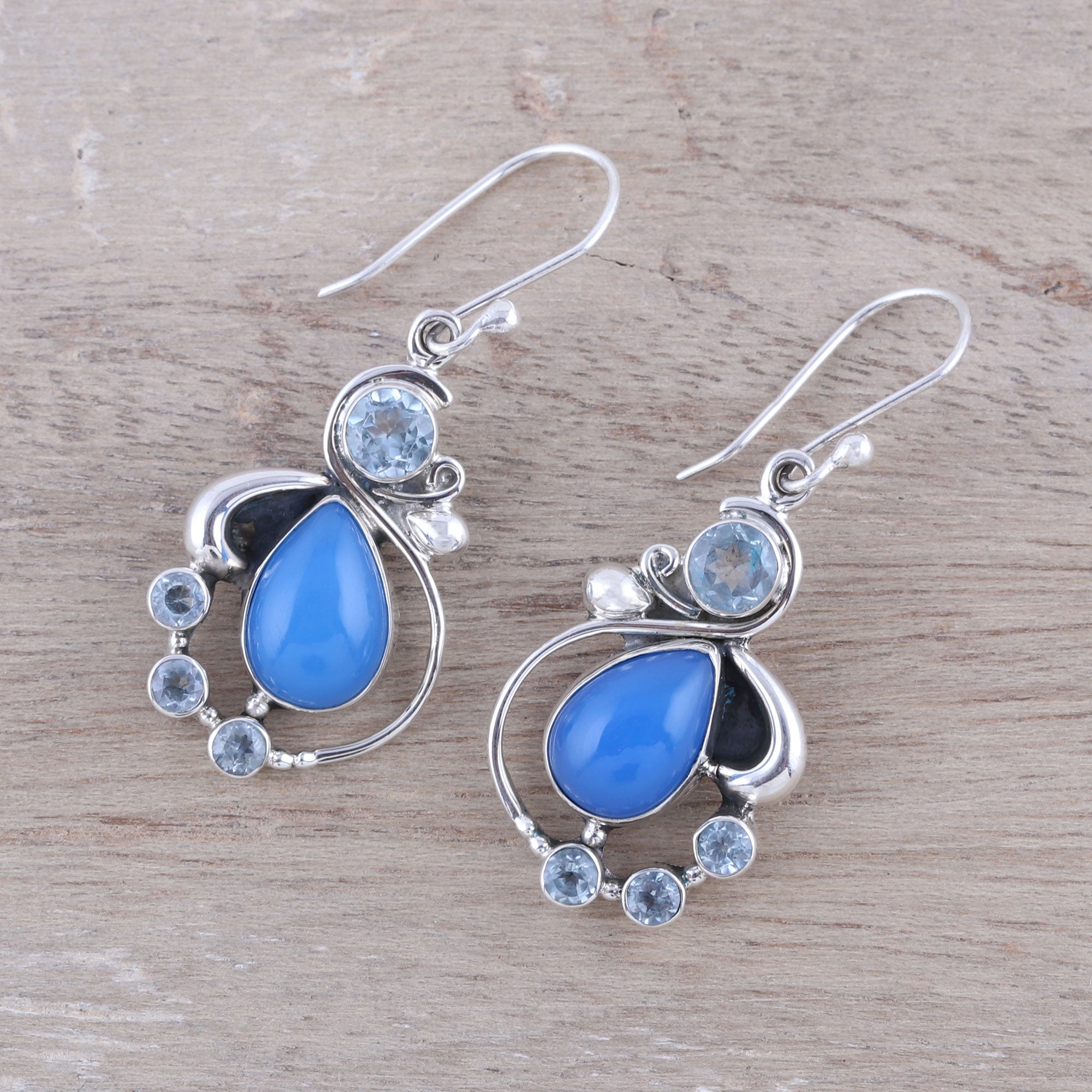 Premium Elegant Dew Blue Topaz & Chalcedony Dangle Earrings - Handcrafted in India