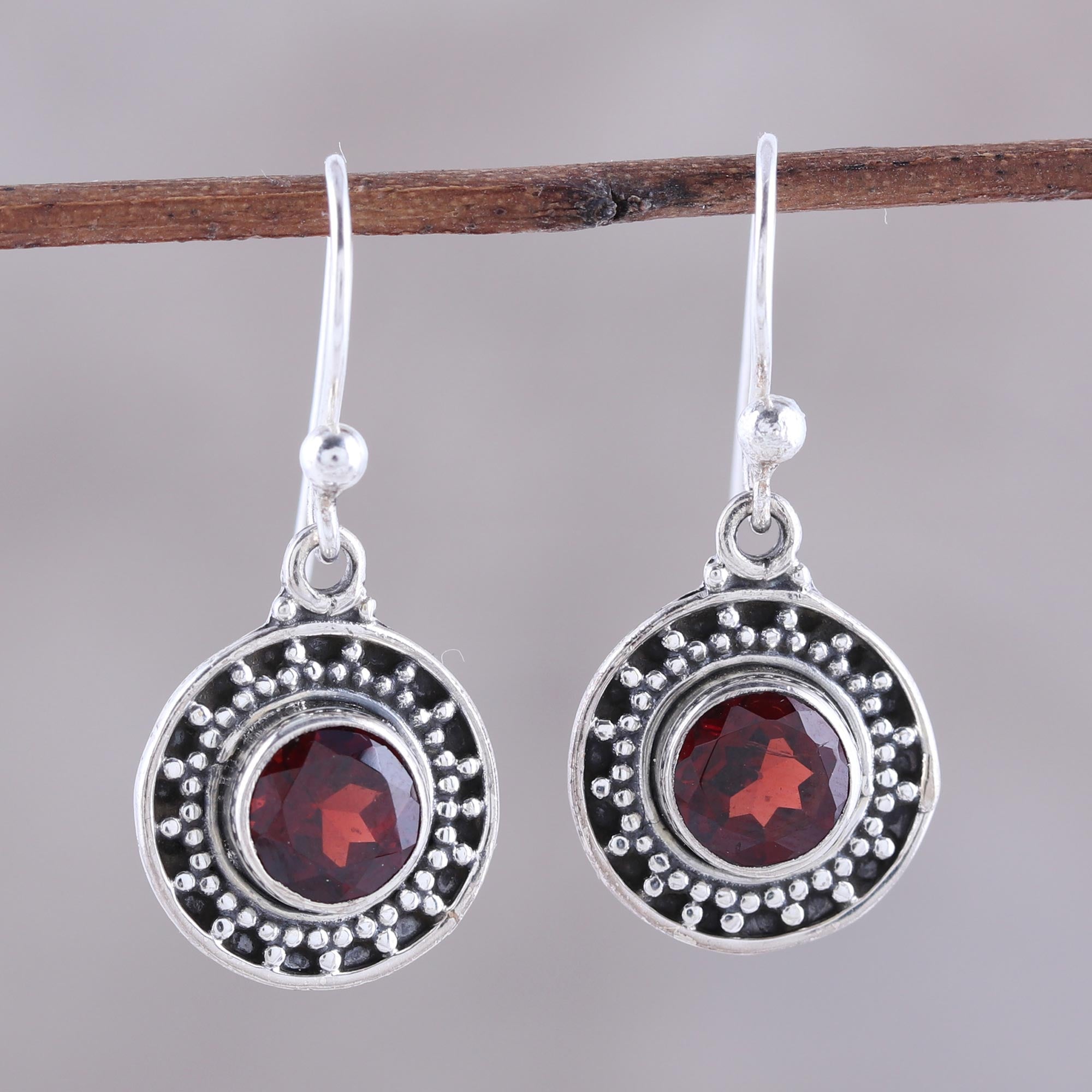 Premium Circular Garnet Dangle Earrings – Handcrafted Sterling Silver Jewelry from India