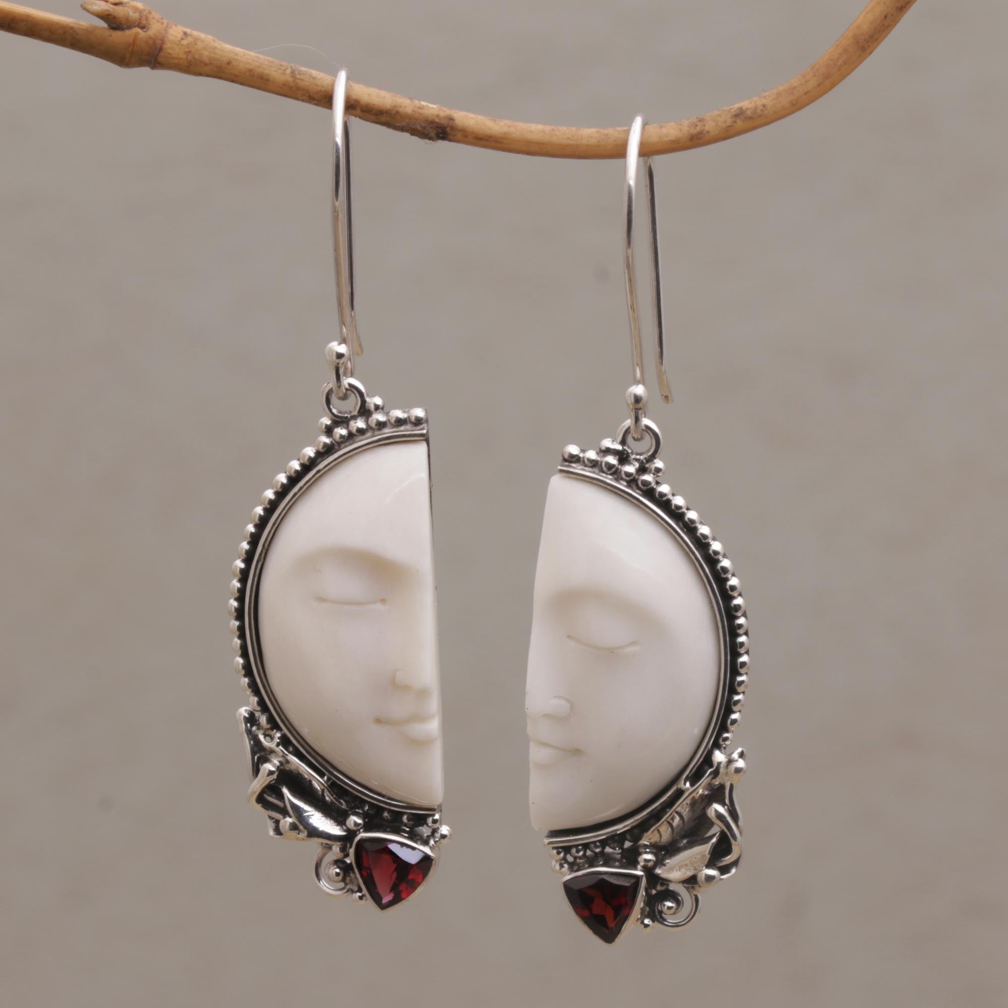 Premium Half of My Soul Garnet & Bone Dangle Earrings - Handcrafted Sterling Silver Jewelry
