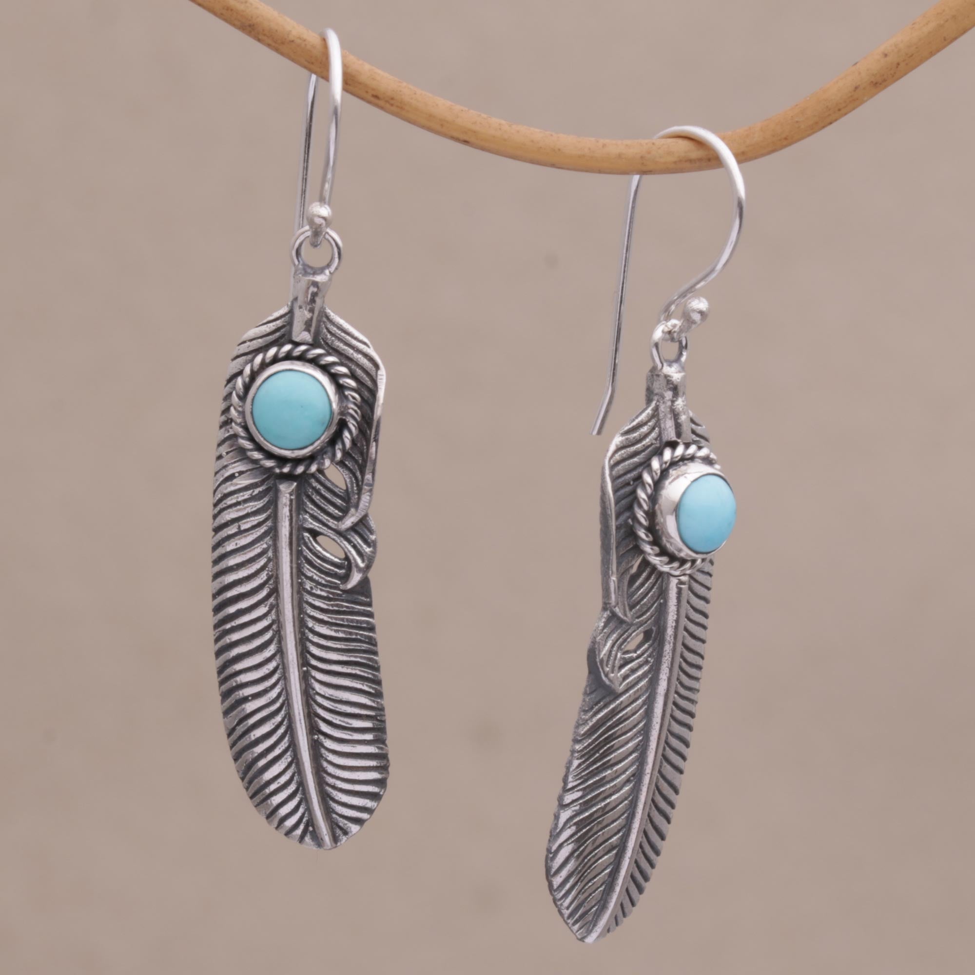 Premium Turquoise & Silver Feather Dangle Earrings – Handcrafted in Bali