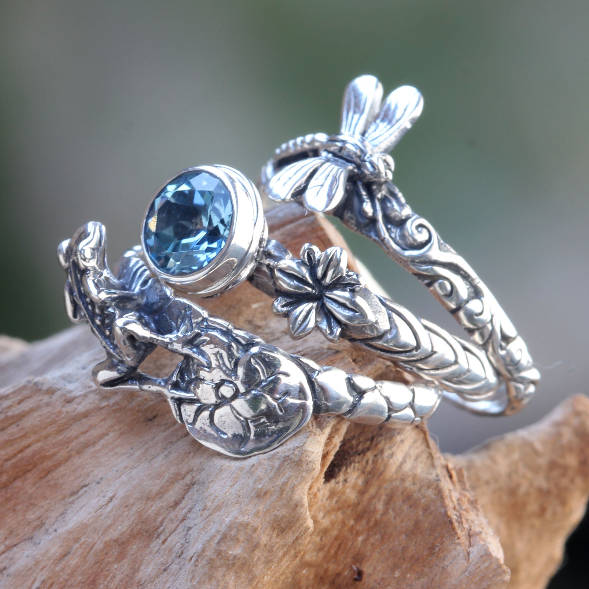 Premium Garden of Eden Sterling Silver & Blue Topaz Stacking Rings Set (3-Piece)