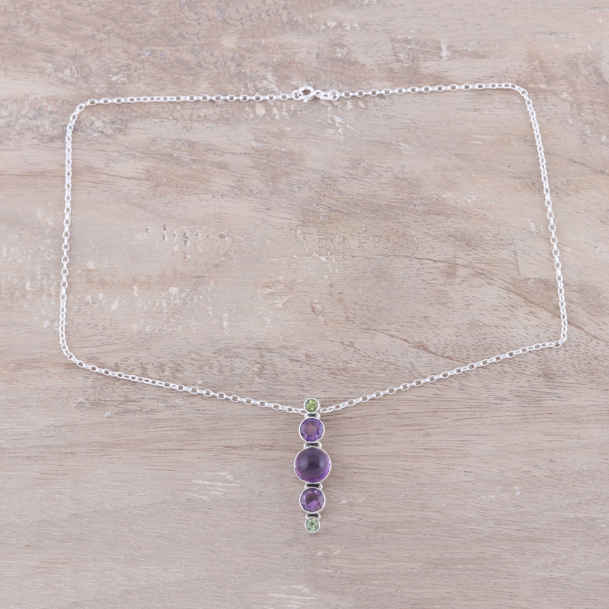 Premium Glittering Union Amethyst & Peridot Pendant Necklace - Handcrafted Sterling Silver Jewelry