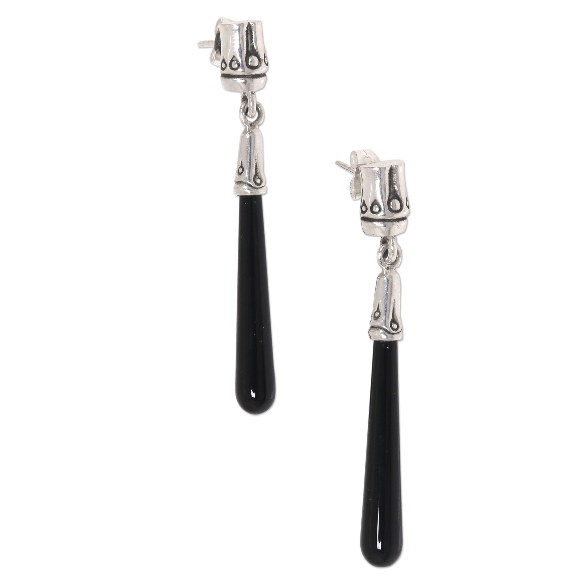 Premium Black Wand Earrings - Handcrafted Onyx & Sterling Silver