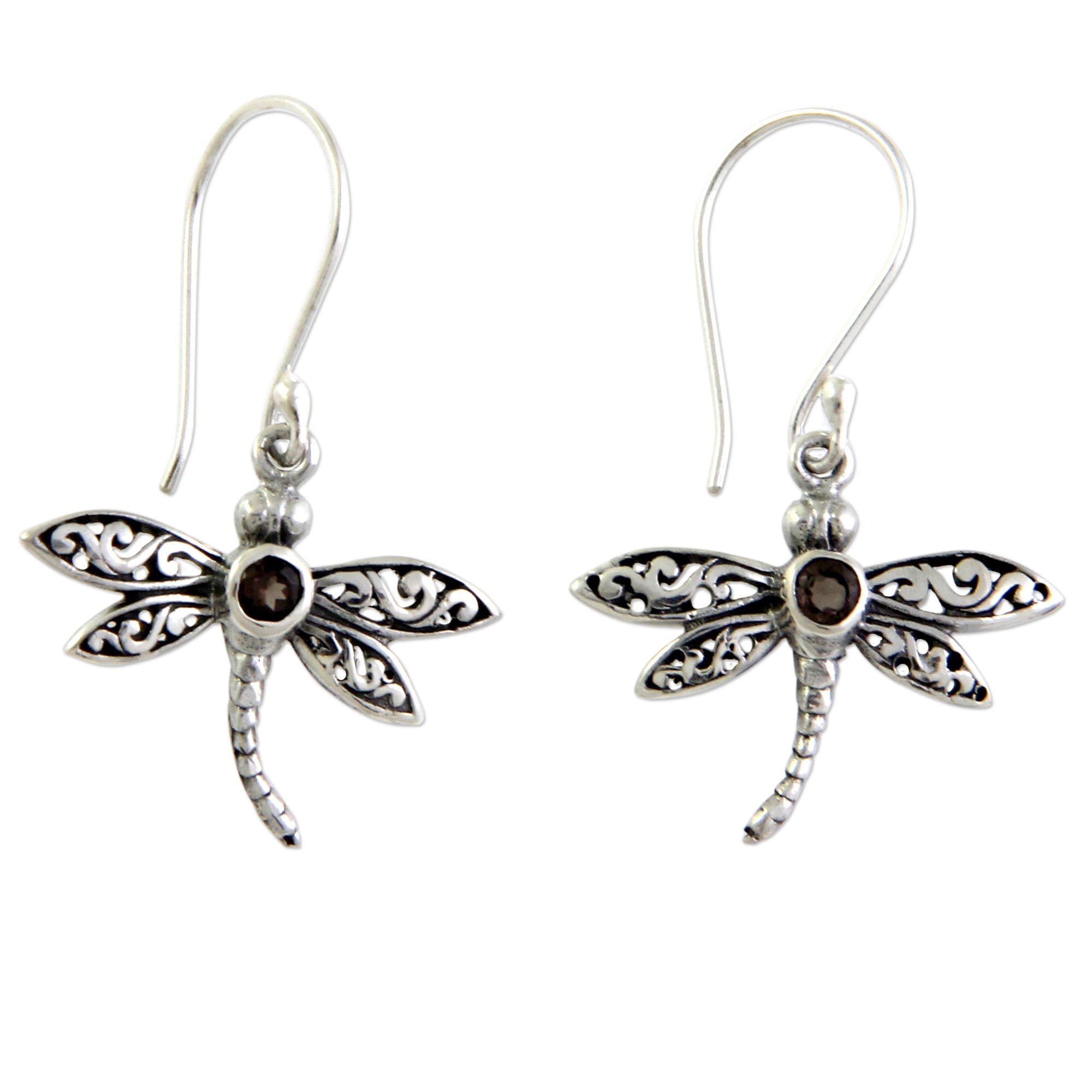 Premium Smoky Quartz Dragonfly Earrings - Handmade Sterling Silver