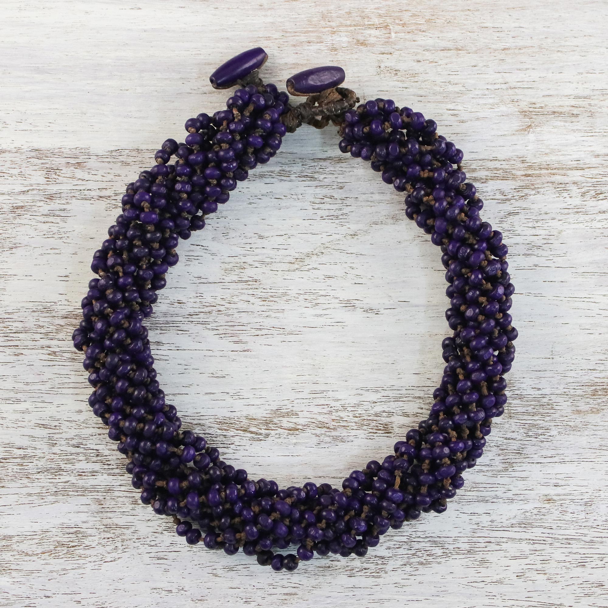 Premium Purple Beaded Wood Torsade Necklace - Handmade in Thailand