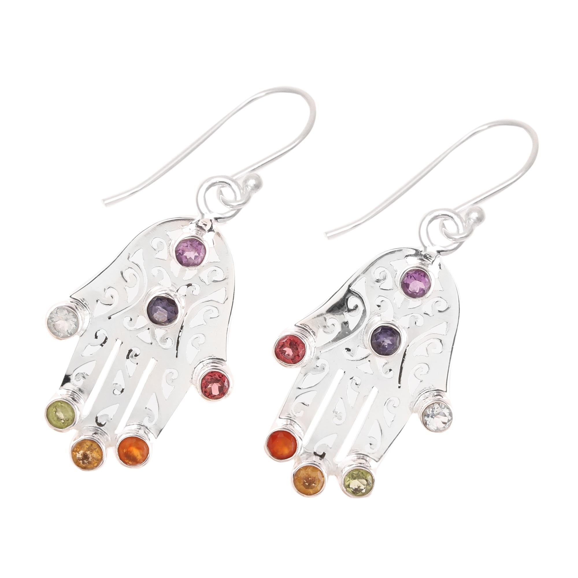 Premium Hamsa Chakra Multi-Gemstone Dangle Earrings - Handcrafted in India