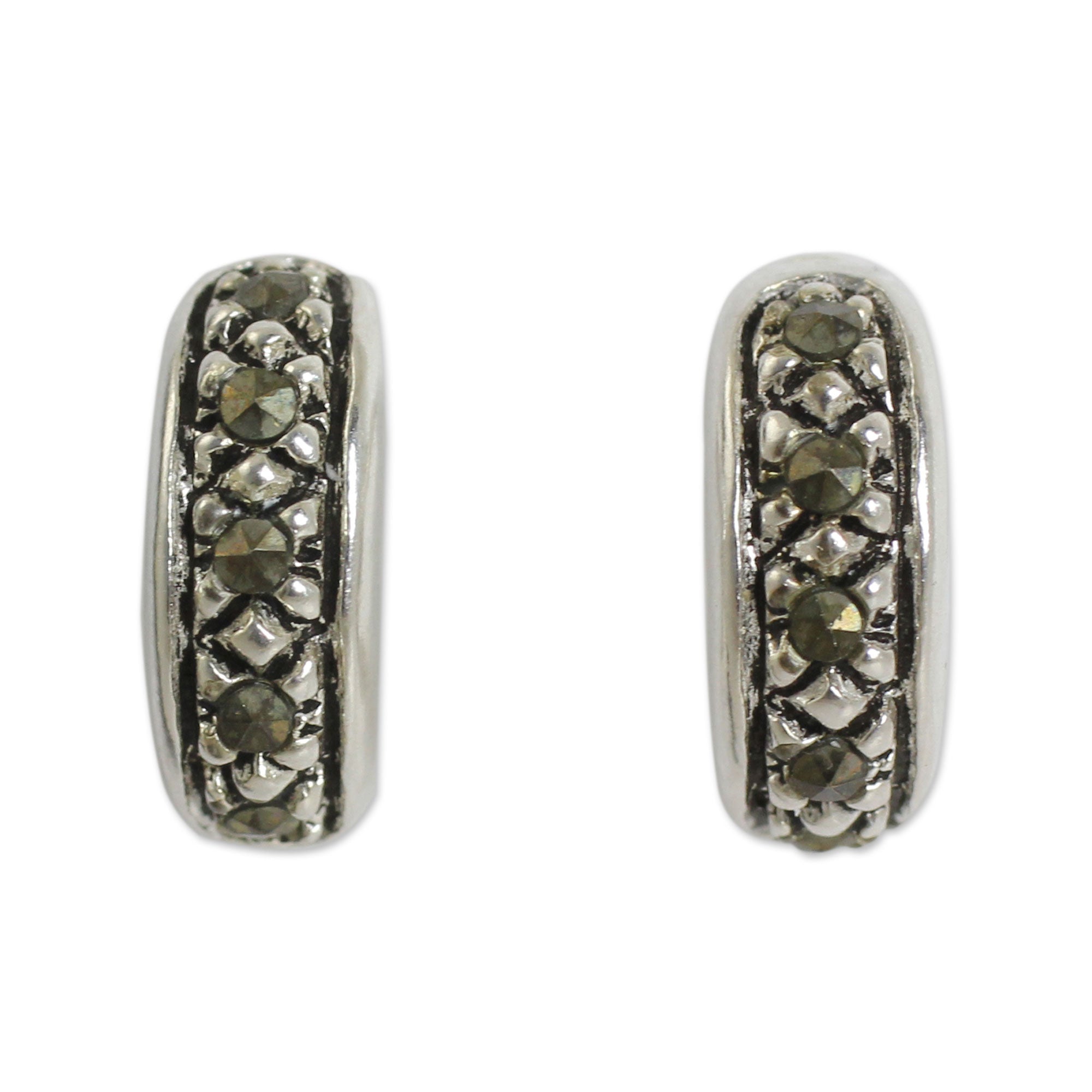 Premium Dew Sterling Silver Half Hoop Earrings with Marcasite - Vintage Elegance