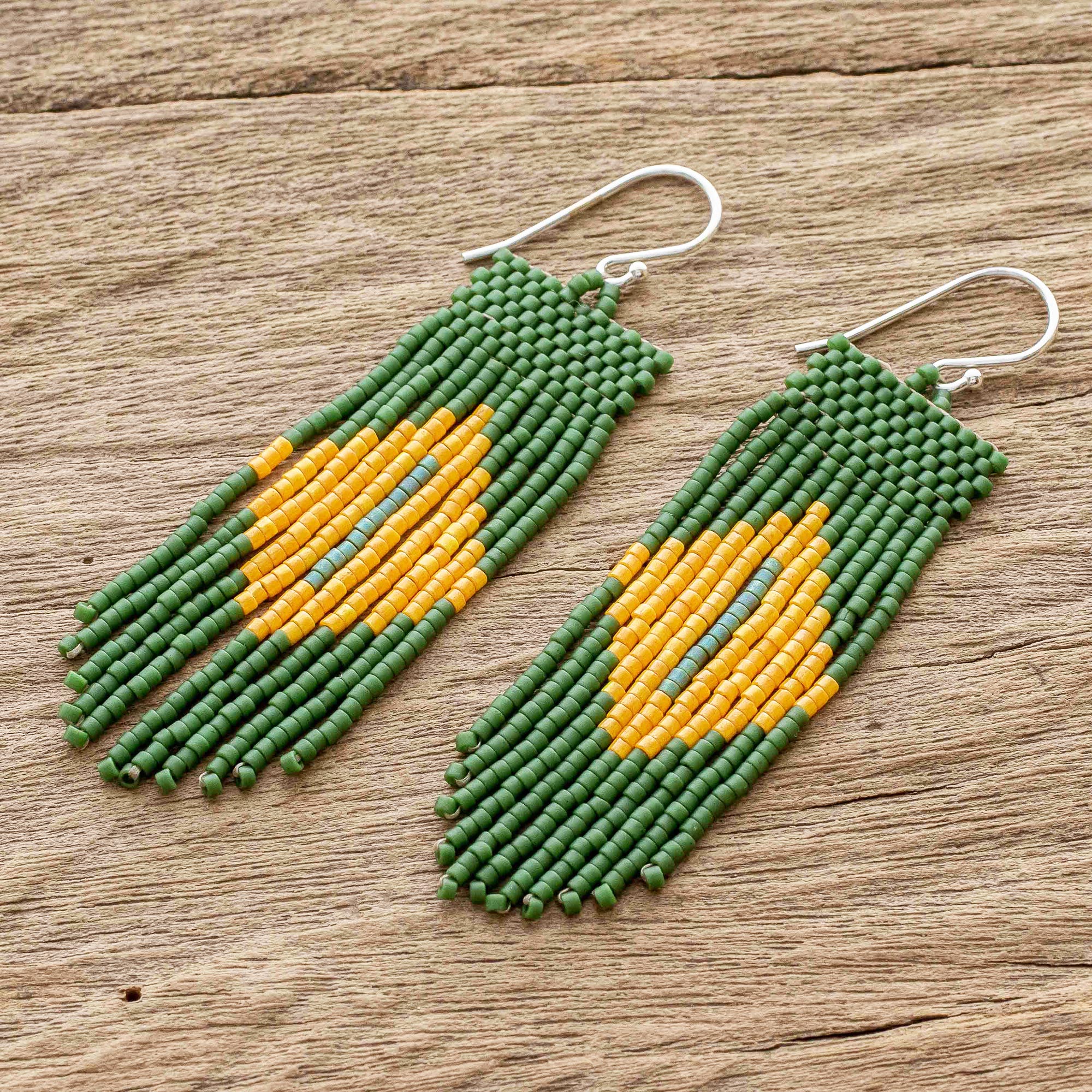 Premium Chameleon Charm Green & Yellow Beaded Waterfall Earrings