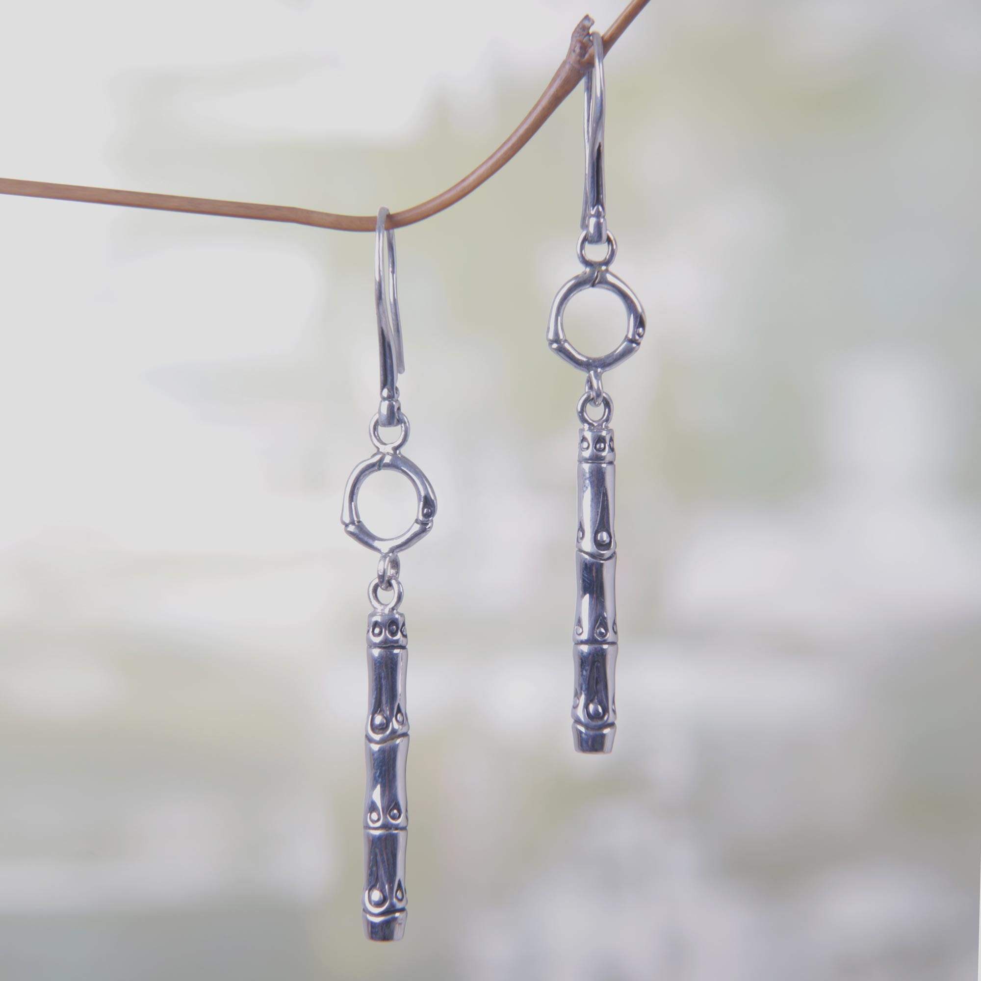 Premium Bamboo Motif Sterling Silver Dangle Earrings - Handcrafted Elegance