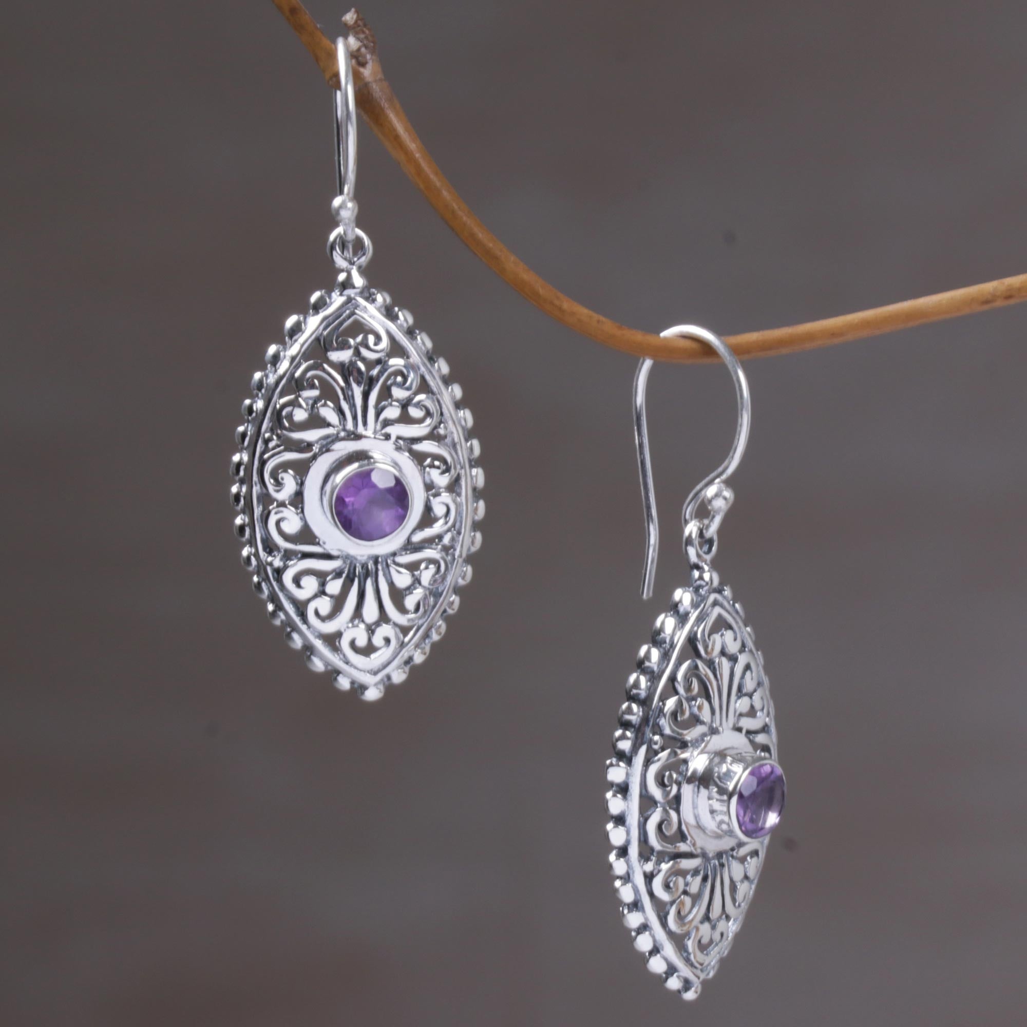 Premium Amethyst Dangle Earrings - Handcrafted Balinese Sterling Silver Jewelry