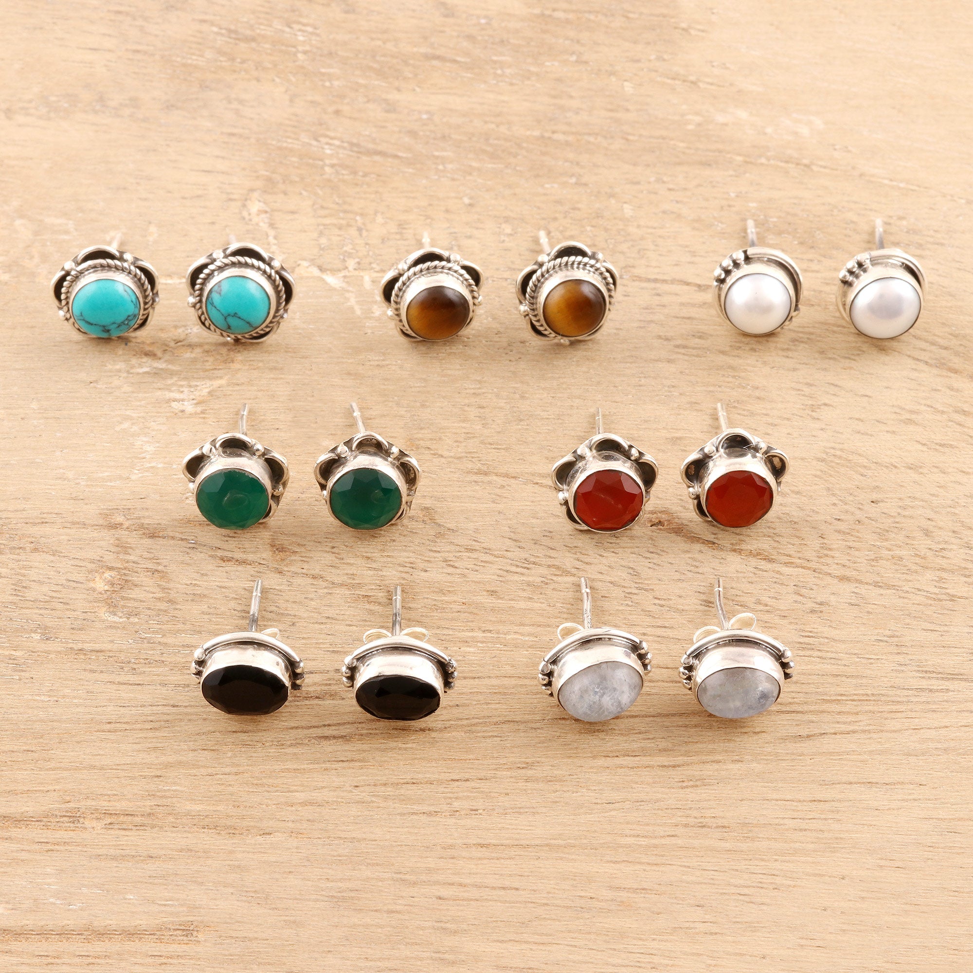 Premium Multi-Gemstone Stud Earrings Set - 7 Pairs of Artisan Crafted Elegance