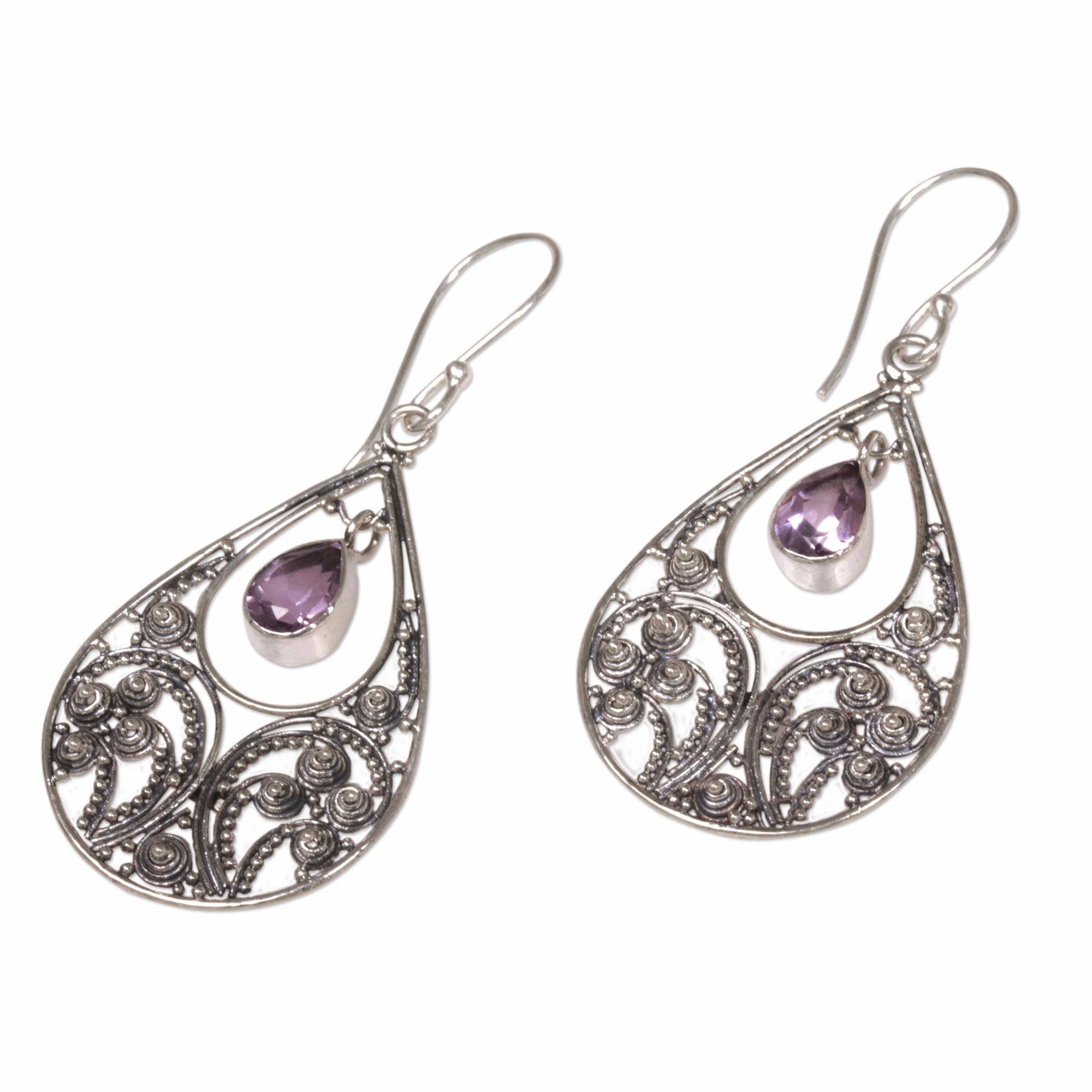 Premium Bali Crest Amethyst Dangle Earrings in Sterling Silver