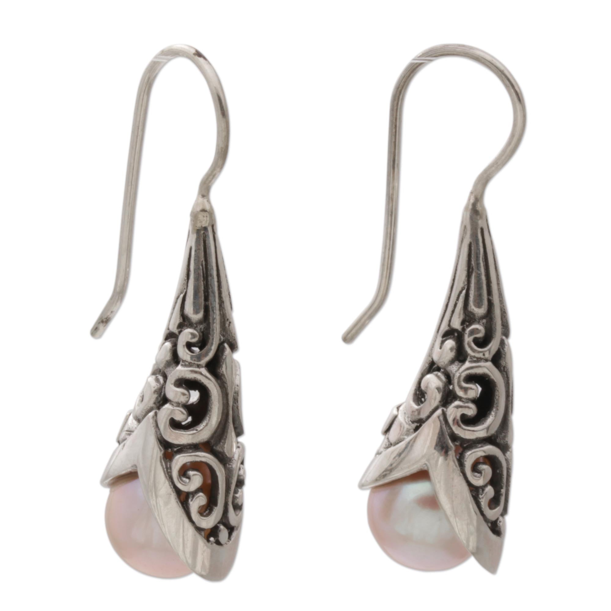 Premium Bali Peach Cultured Pearl Drop Earrings in Sterling Silver