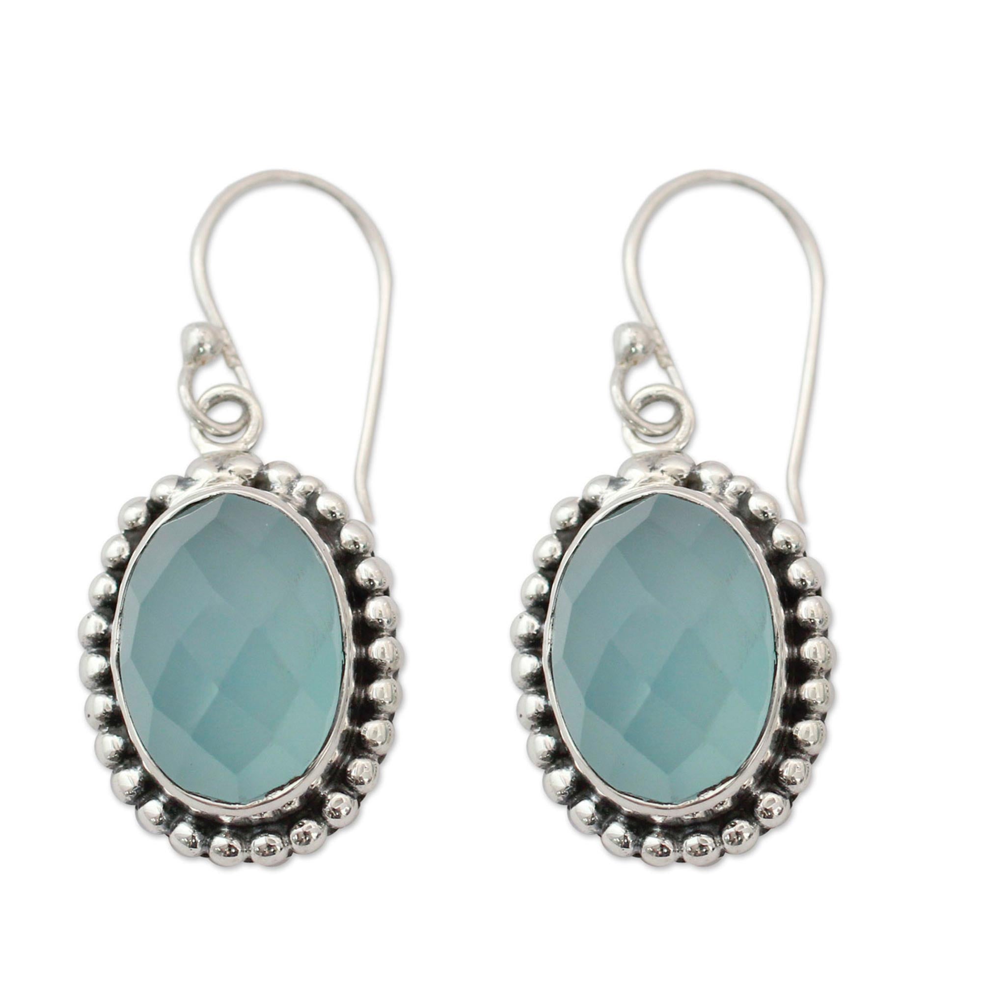 Premium Blue Chalcedony Sterling Silver Earrings - Elegant Hook Design