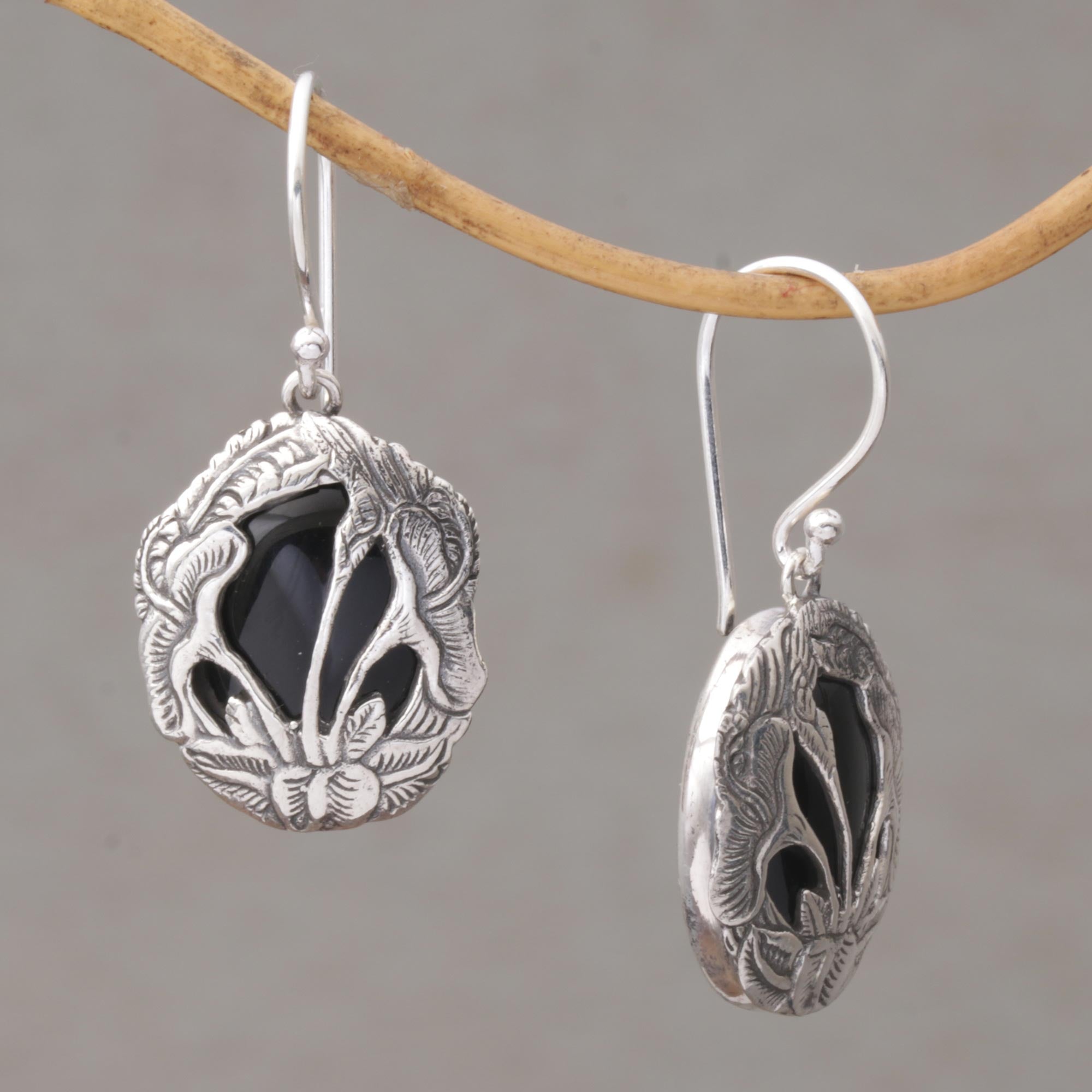 Premium Balinese Sterling Silver Calla Lily Dangle Earrings with Onyx Accents