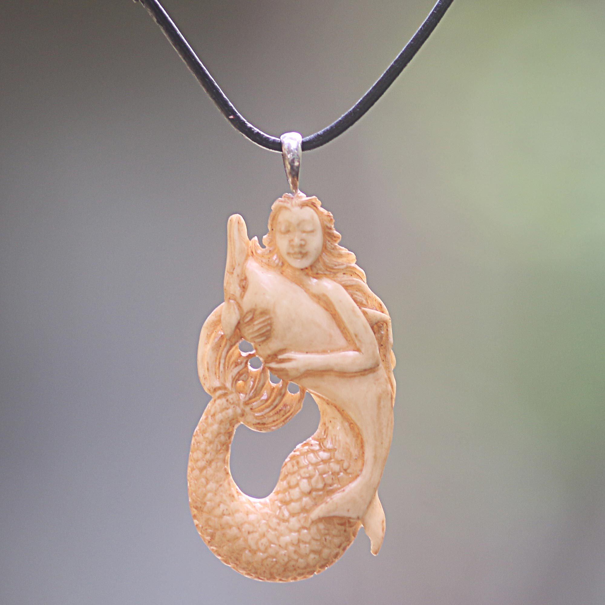 Premium Mermaid & Dolphin Hand-Carved Pendant Necklace - Unique Boho Jewelry