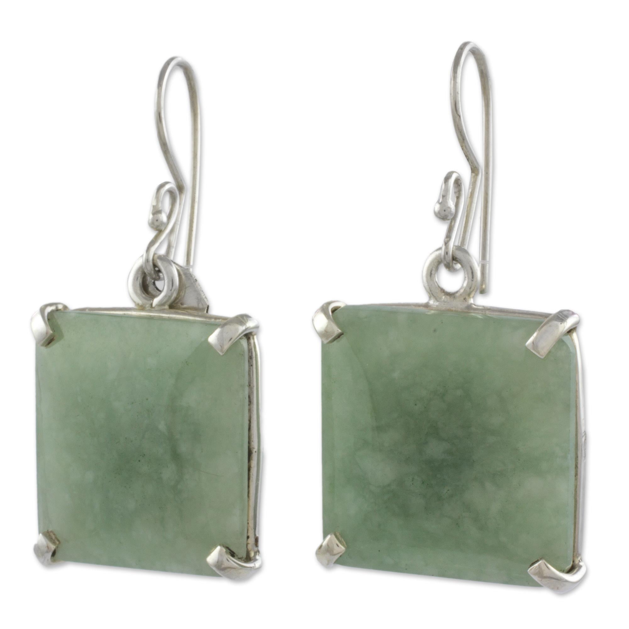 Premium Abstract Square Minimalist Silver and Apple Green Jade Artisan Dangle Earrings