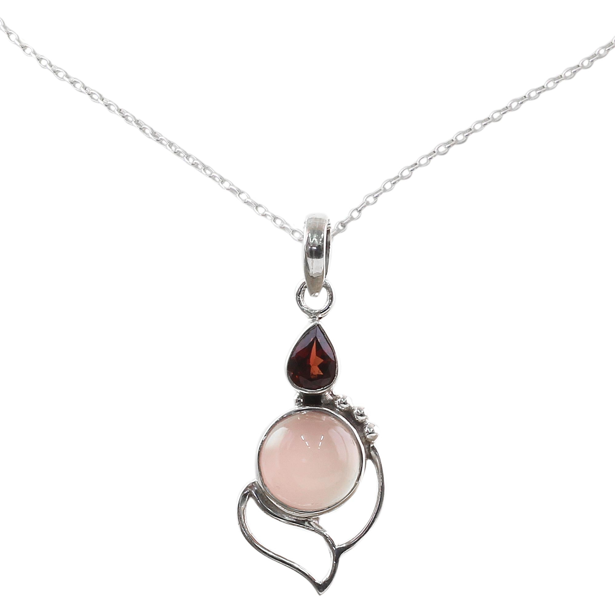 Premium Pink Crest Garnet & Chalcedony Sterling Silver Pendant Necklace - Handcrafted in India