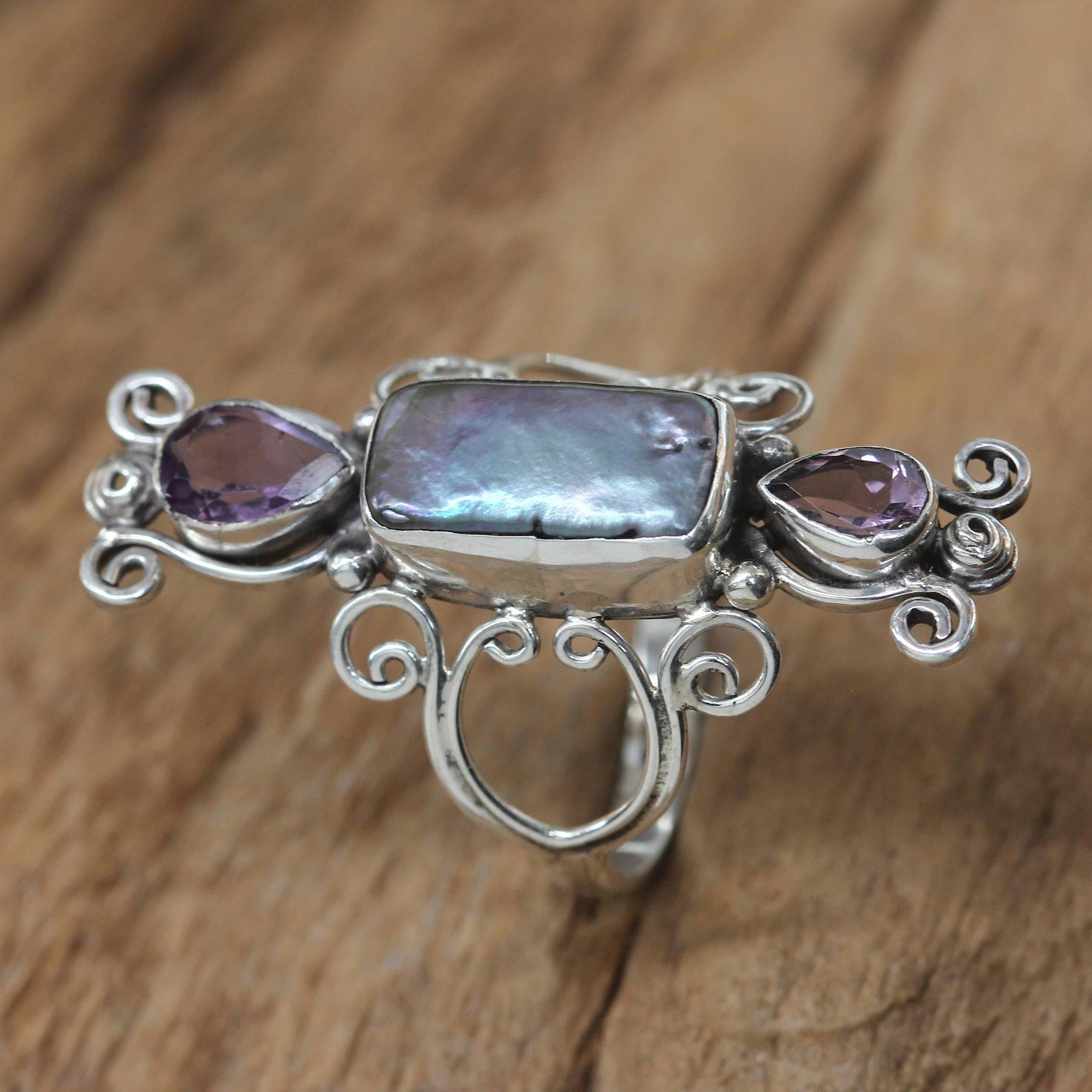 Premium Lavender Myths Pearl & Amethyst Silver Ring