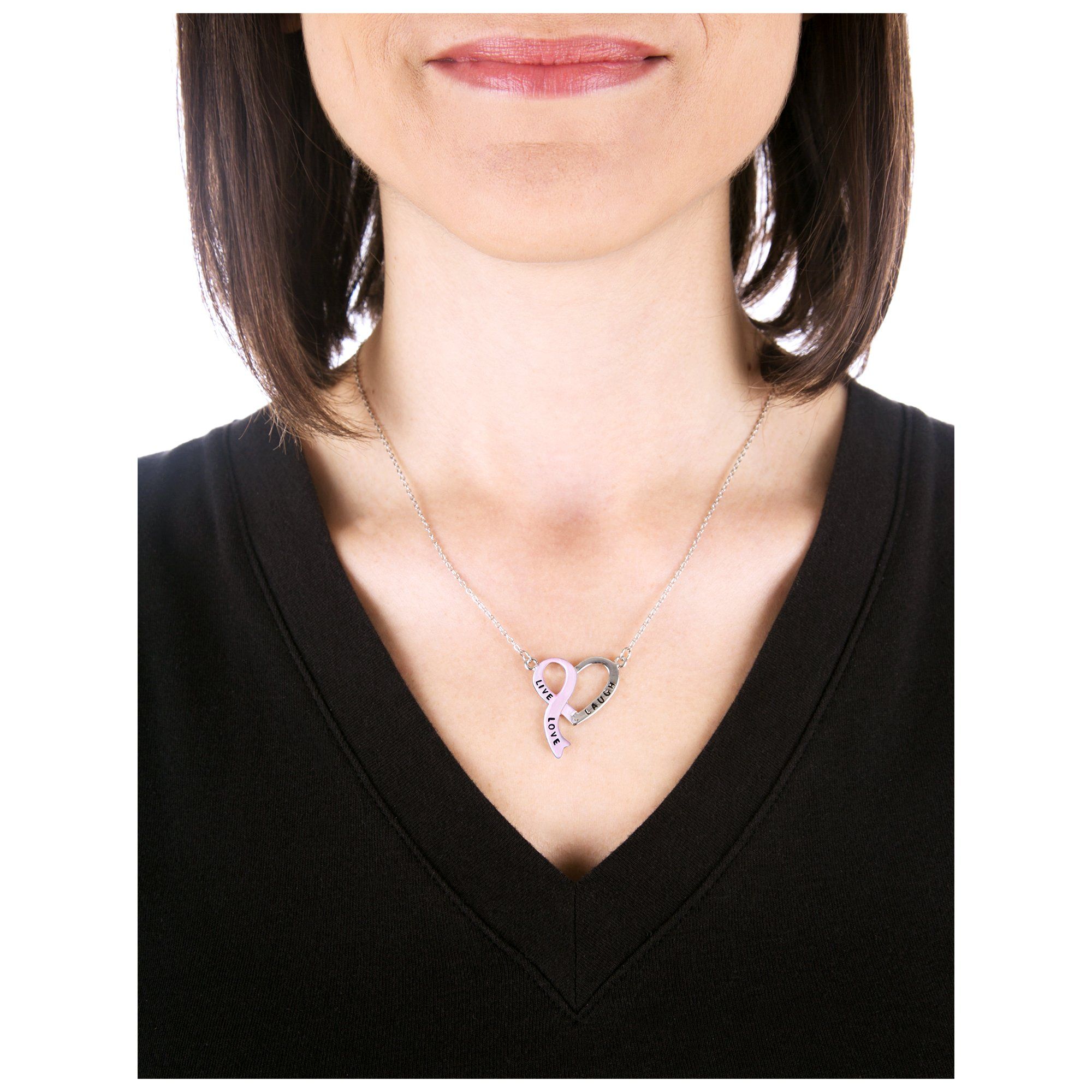 Premium Live, Laugh, Love Pink Ribbon Heart Necklace - Symbol of Hope & Awareness