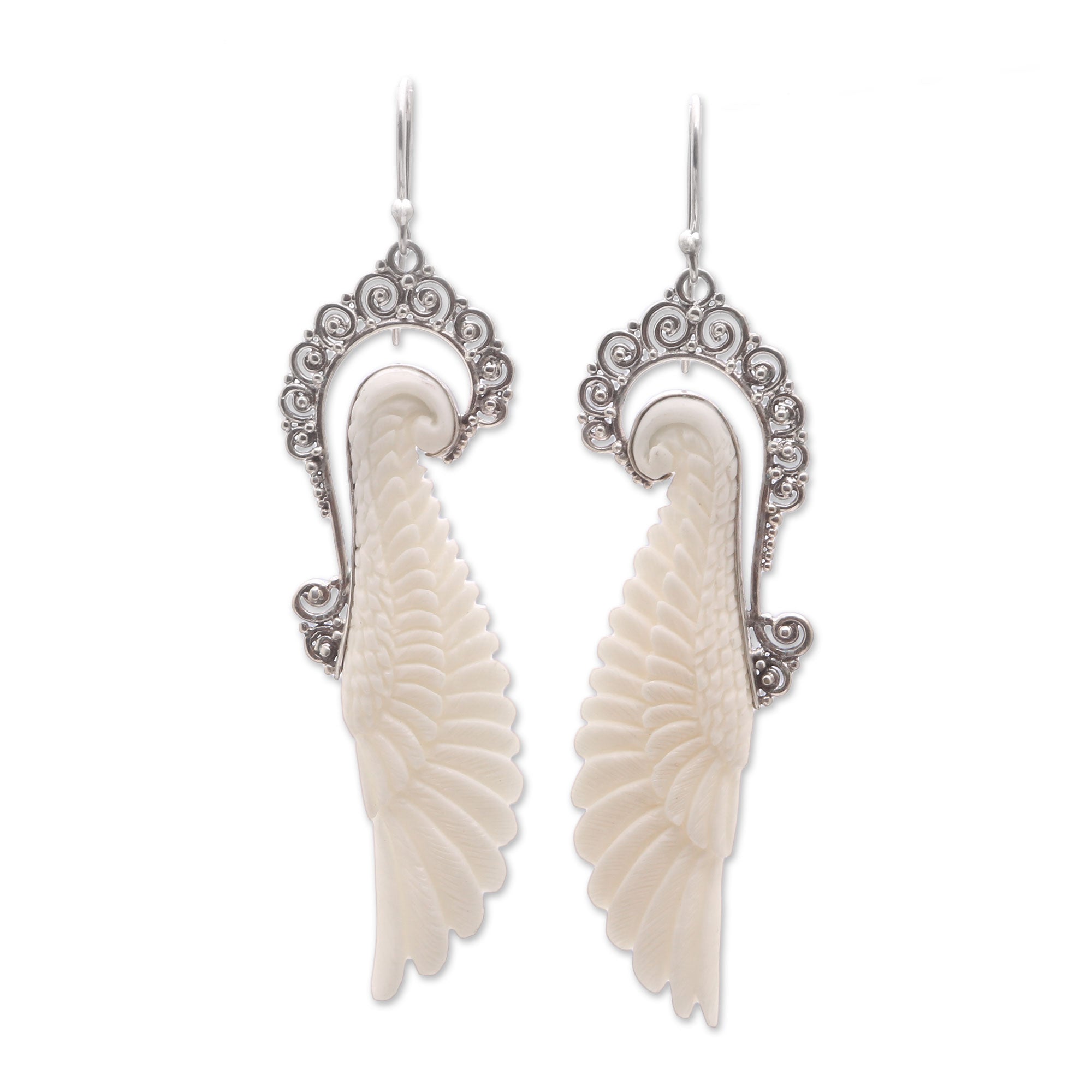 Premium Handcrafted Sterling Silver & Bone Wing Dangle Earrings - Bali Artisan Collection