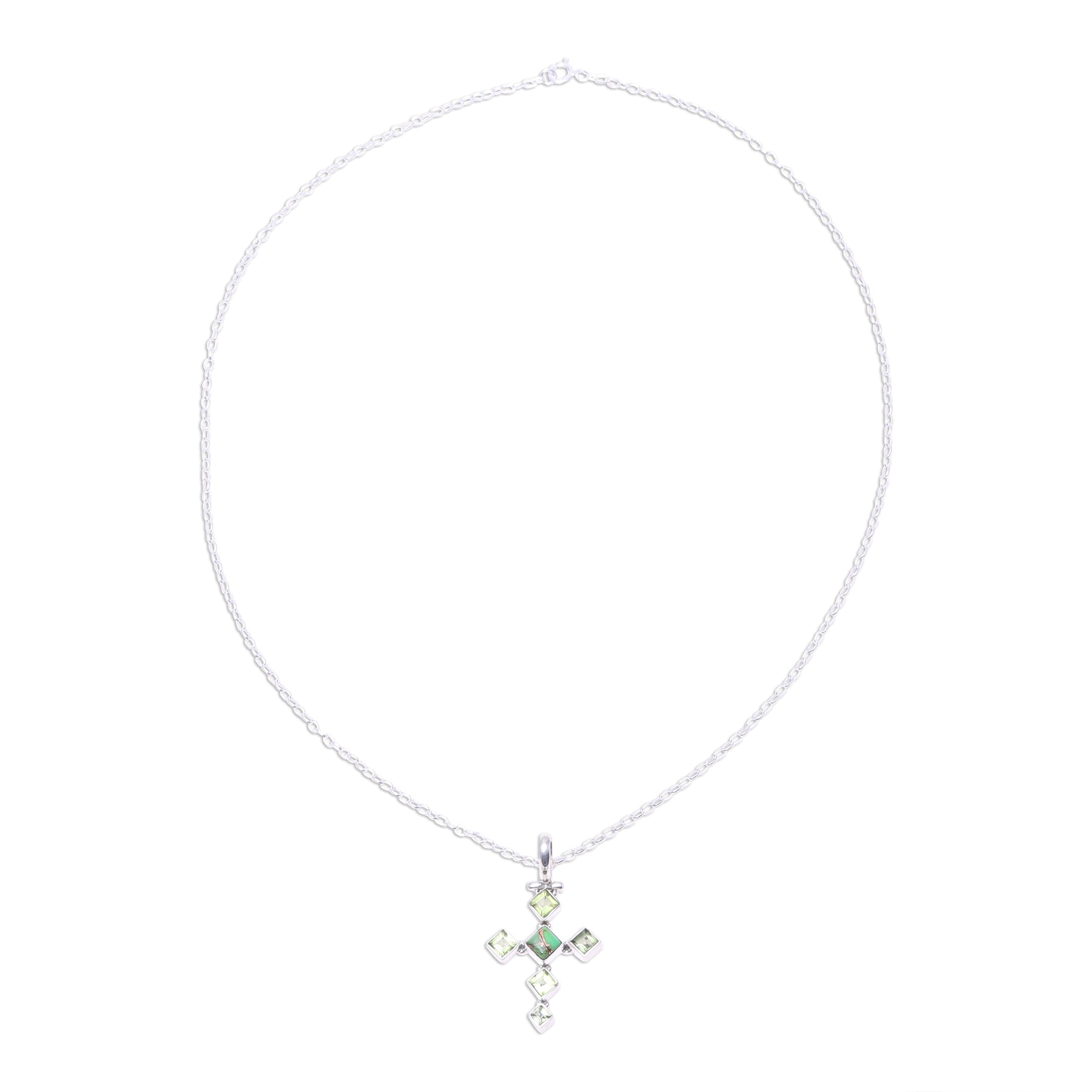 Premium Verdant Cross Pendant Necklace with Peridot and Turquoise