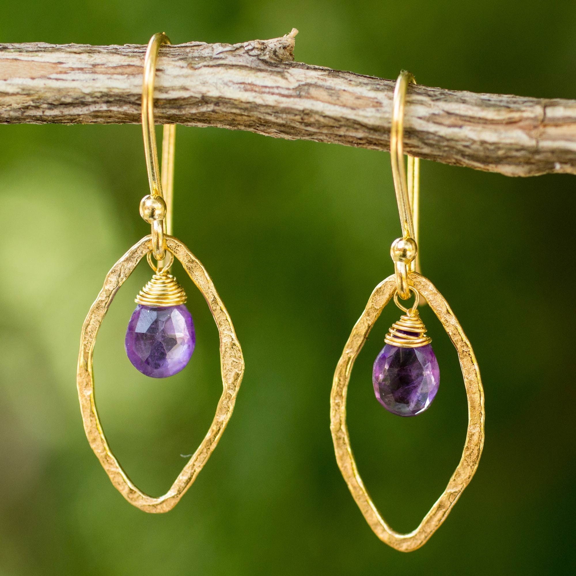 Premium Swinging Ellipses Gold Plated Earrings with Amethyst – Handcrafted Elegance