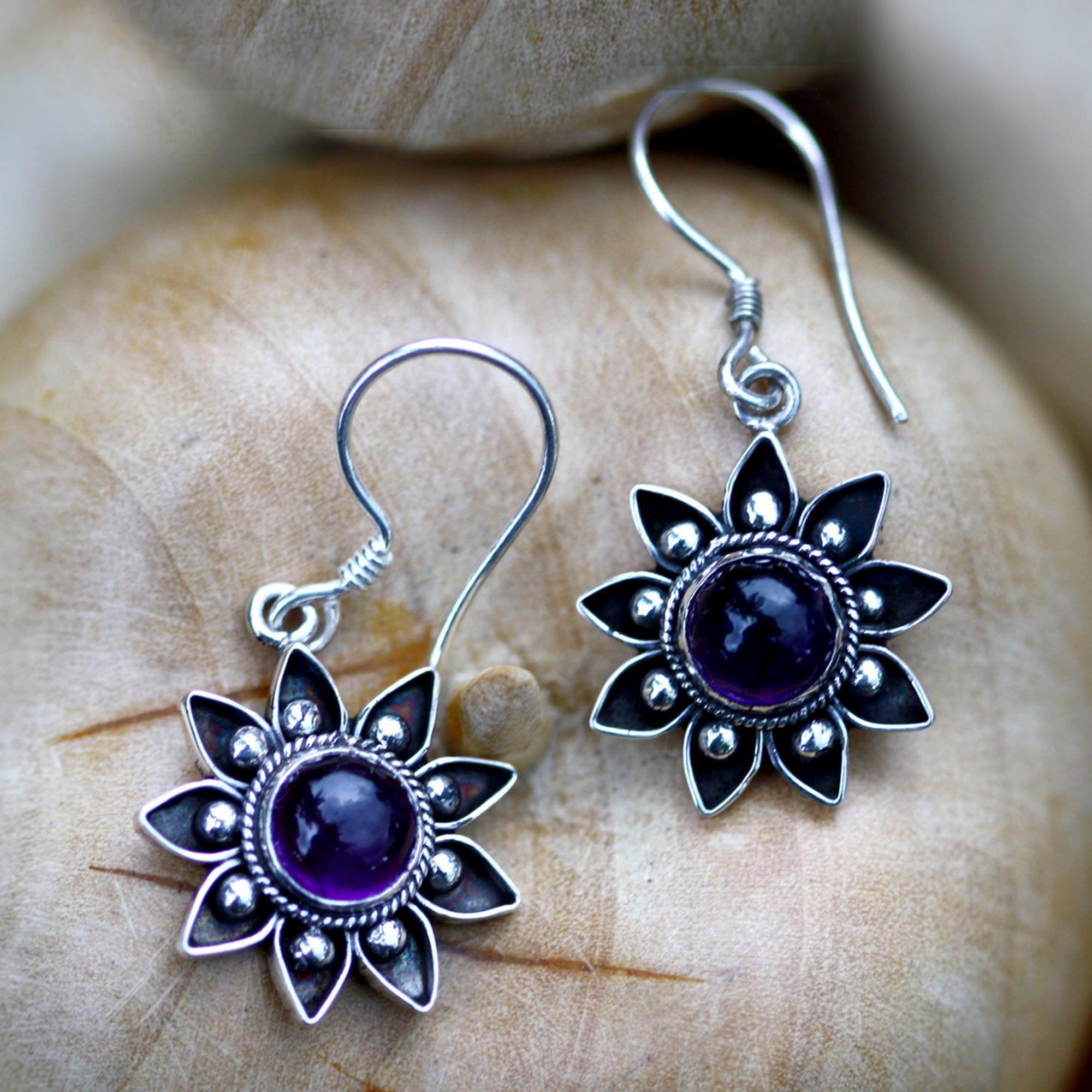 Premium Sunflower Amethyst Dangle Earrings - Handmade Elegance