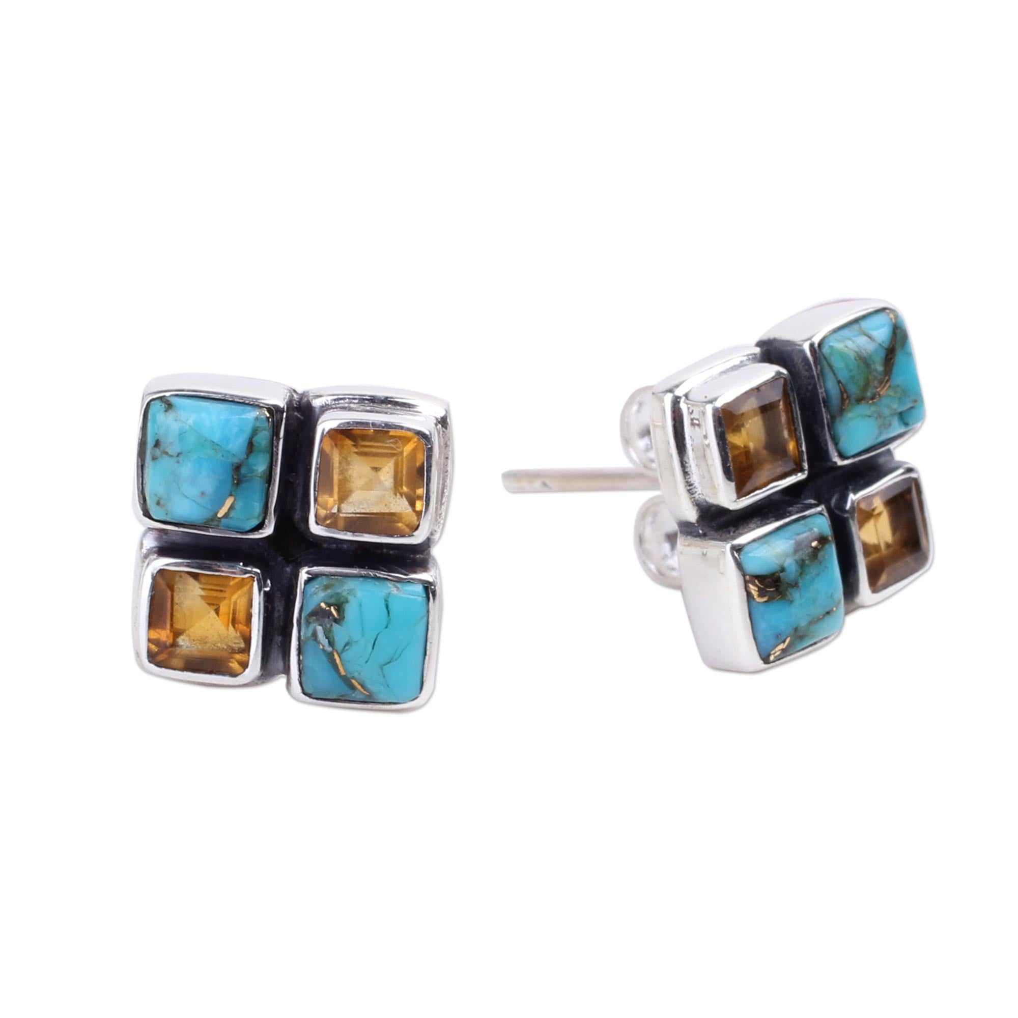 Premium Harmonious Sky Citrine & Turquoise Button Earrings