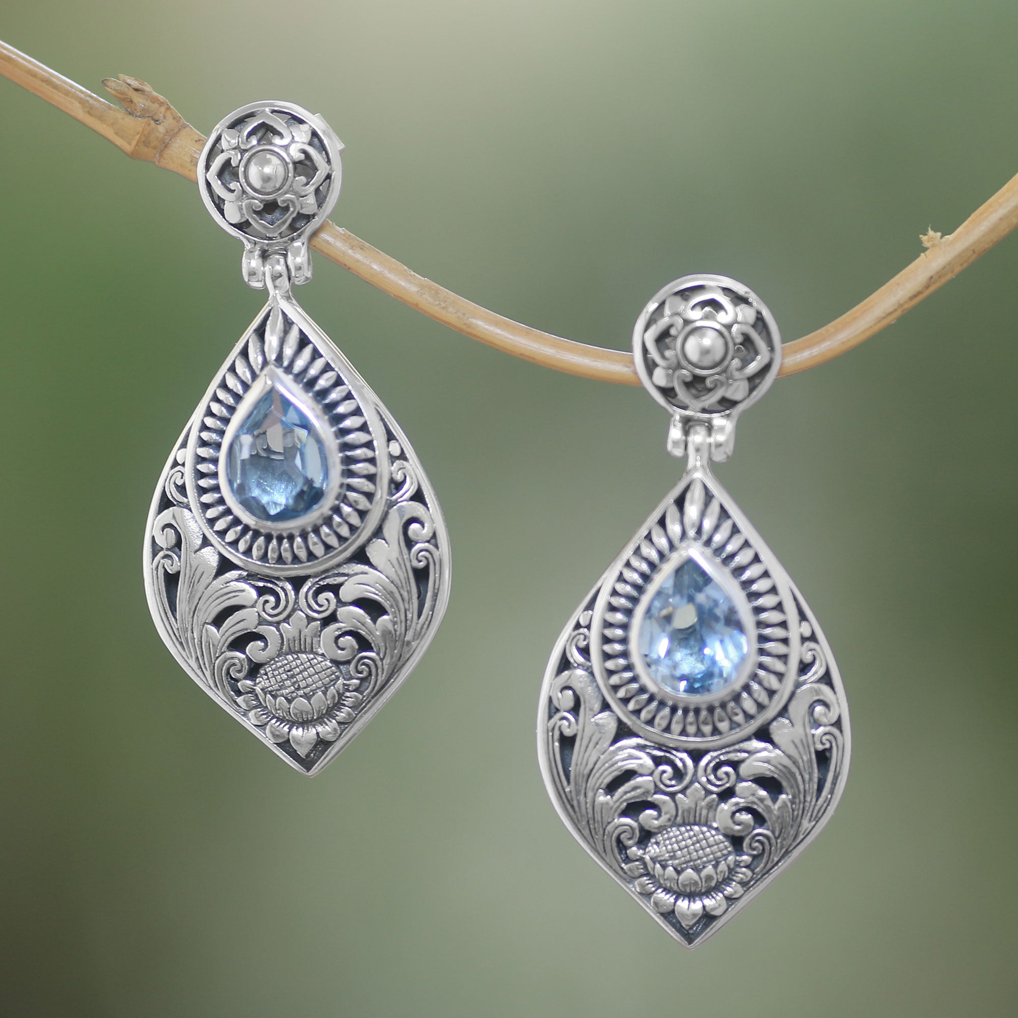 Premium Tari Lotus Blue Topaz & Silver Dangle Earrings - Handcrafted Elegance