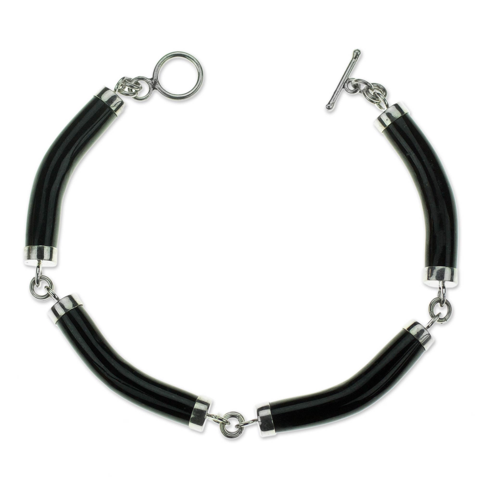 Premium Black Jade and Sterling Silver Artisan Bracelet - Natural Elegance