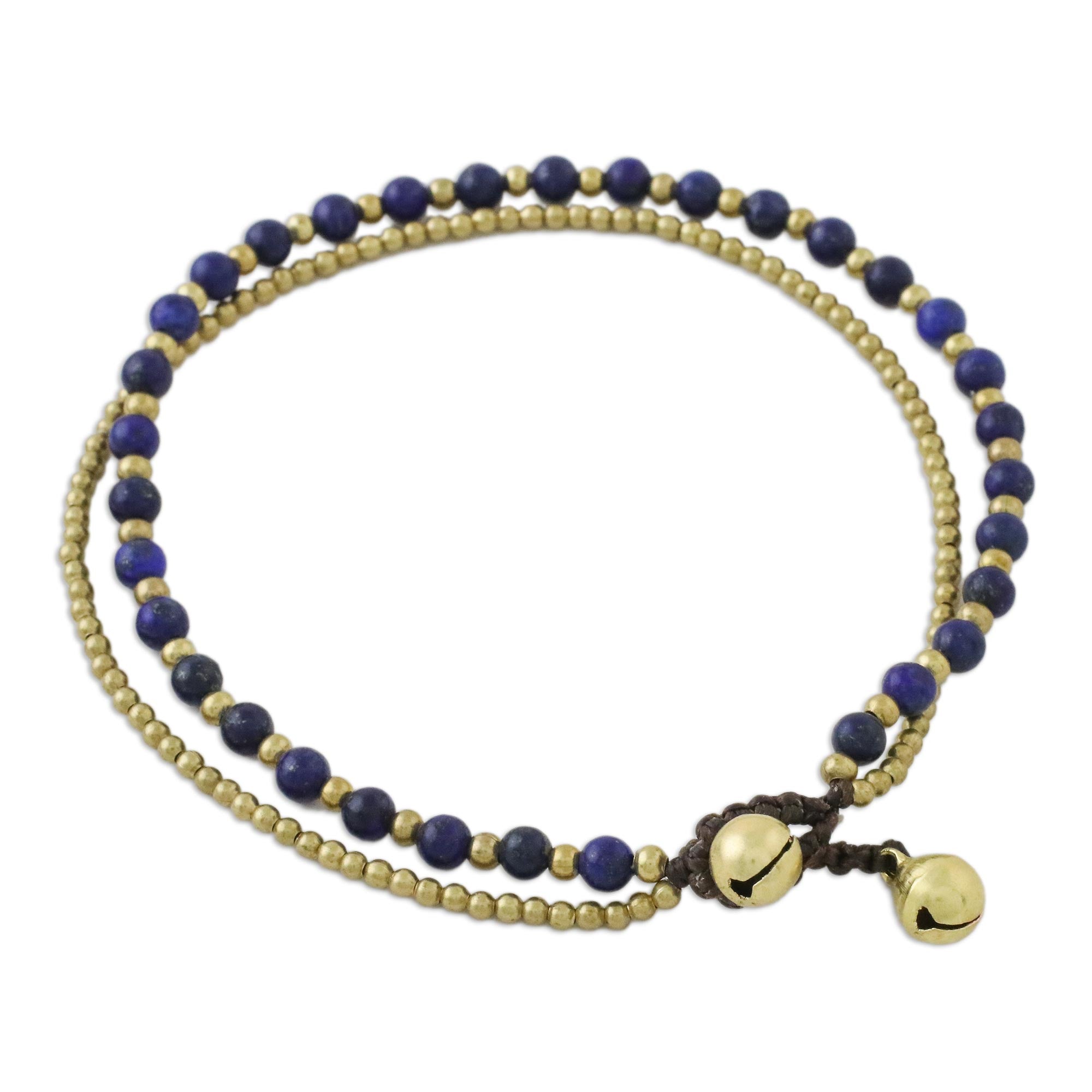 Premium Lapis Lazuli & Brass Adjustable Anklet with Bells - Handcrafted in Thailand