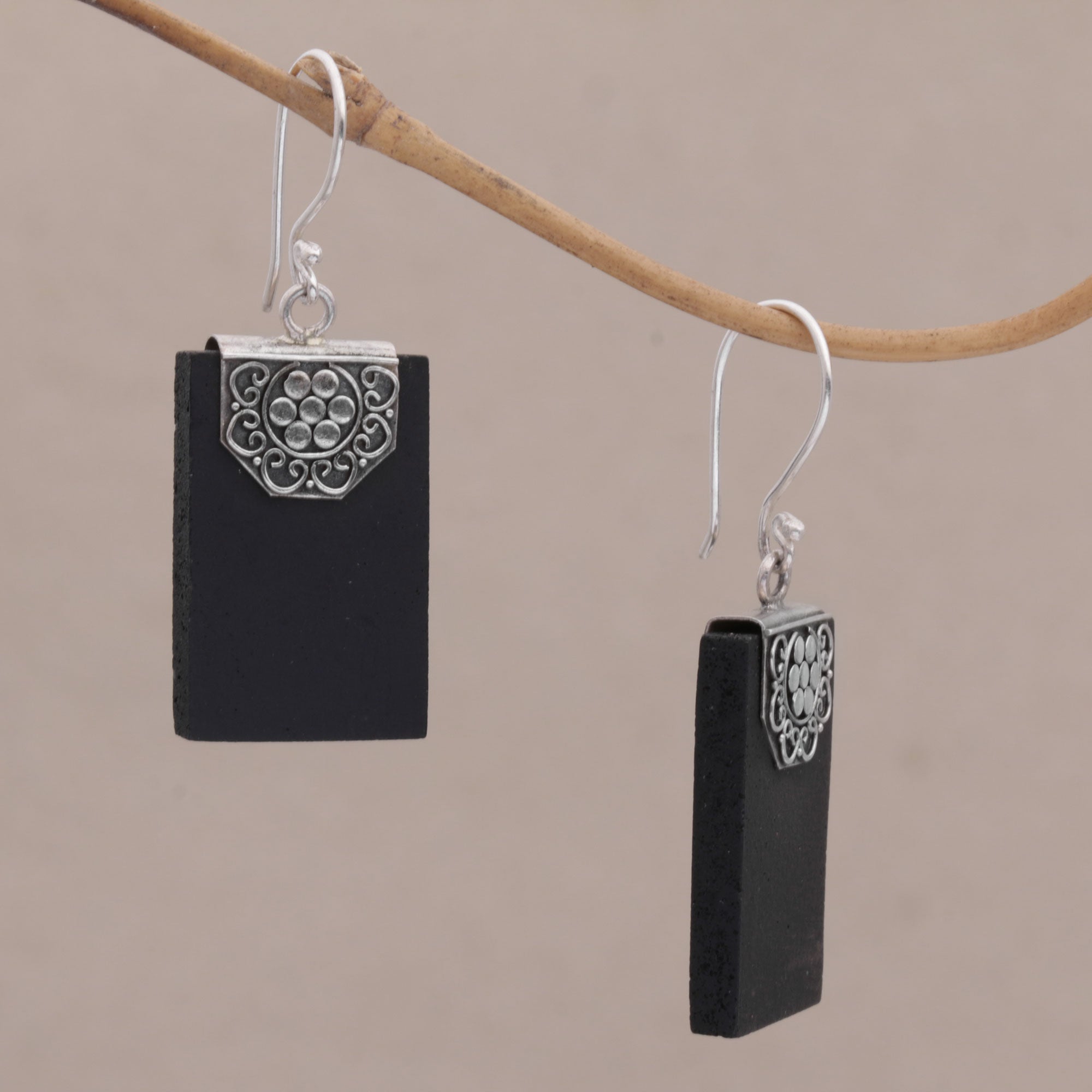 Premium Midnight Silver Lava Stone Dangle Earrings