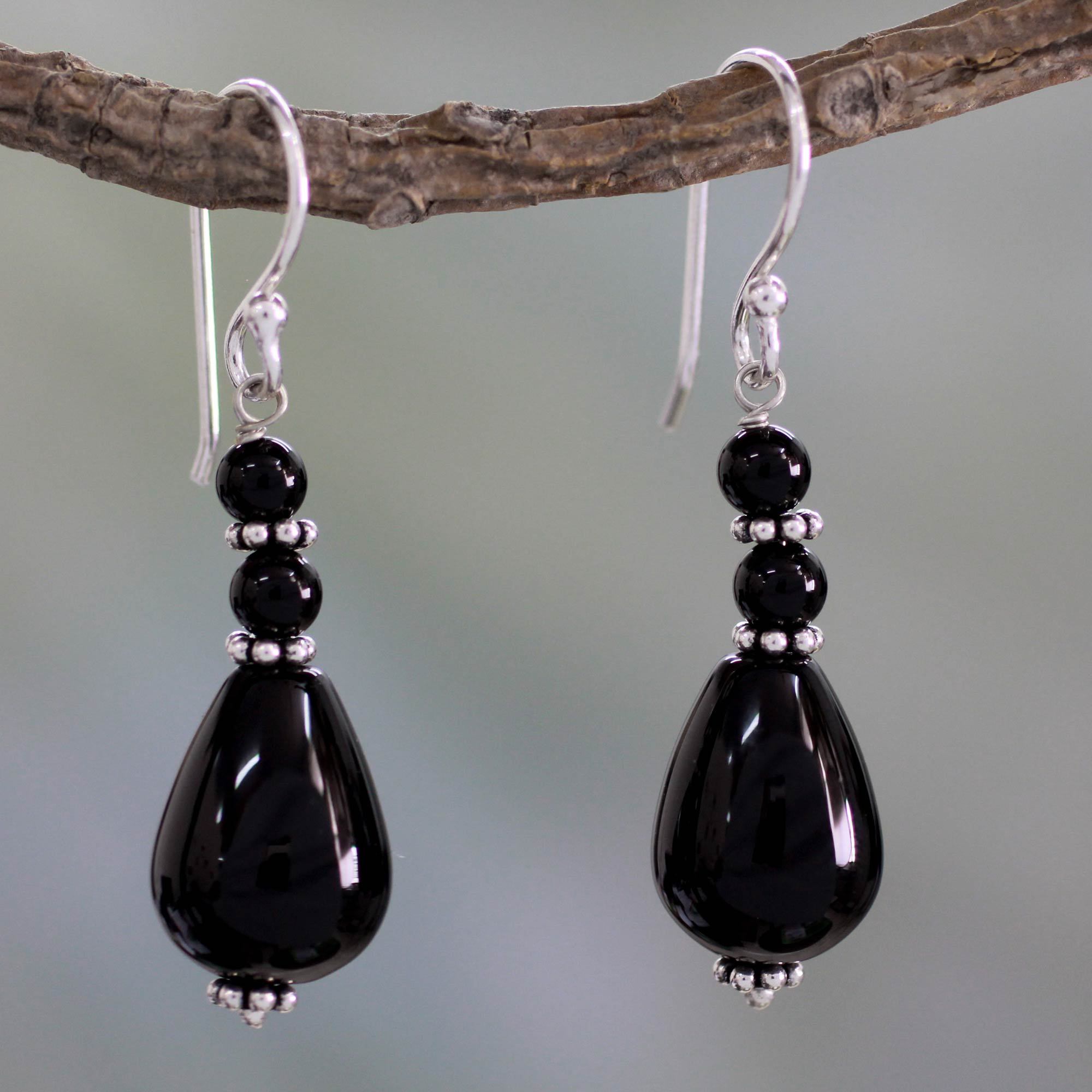 Premium Onyx & Sterling Silver Beaded Earrings – Handcrafted Elegance