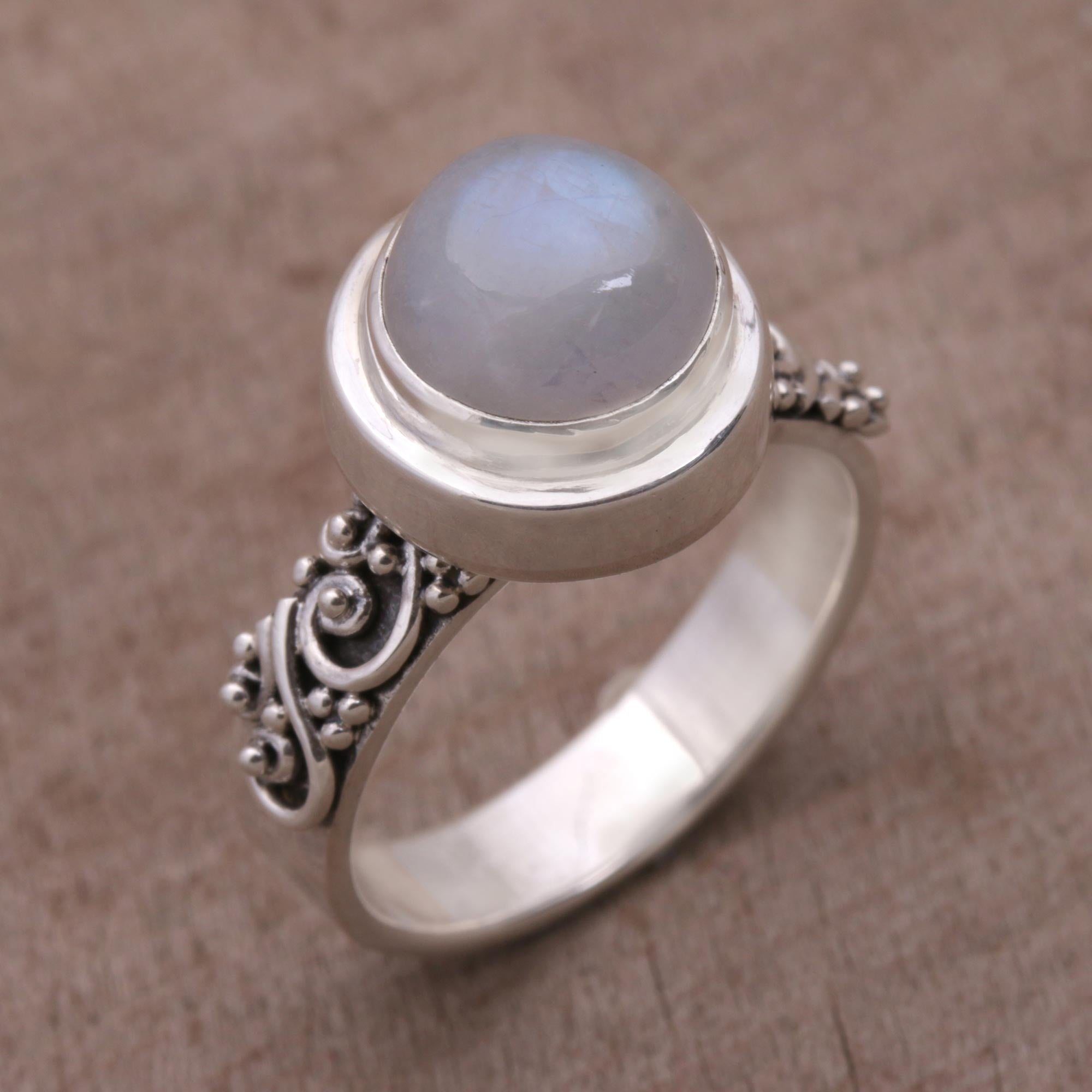 Premium Translucent Forest Rainbow Moonstone & Sterling Silver Ring – Handcrafted in Bali