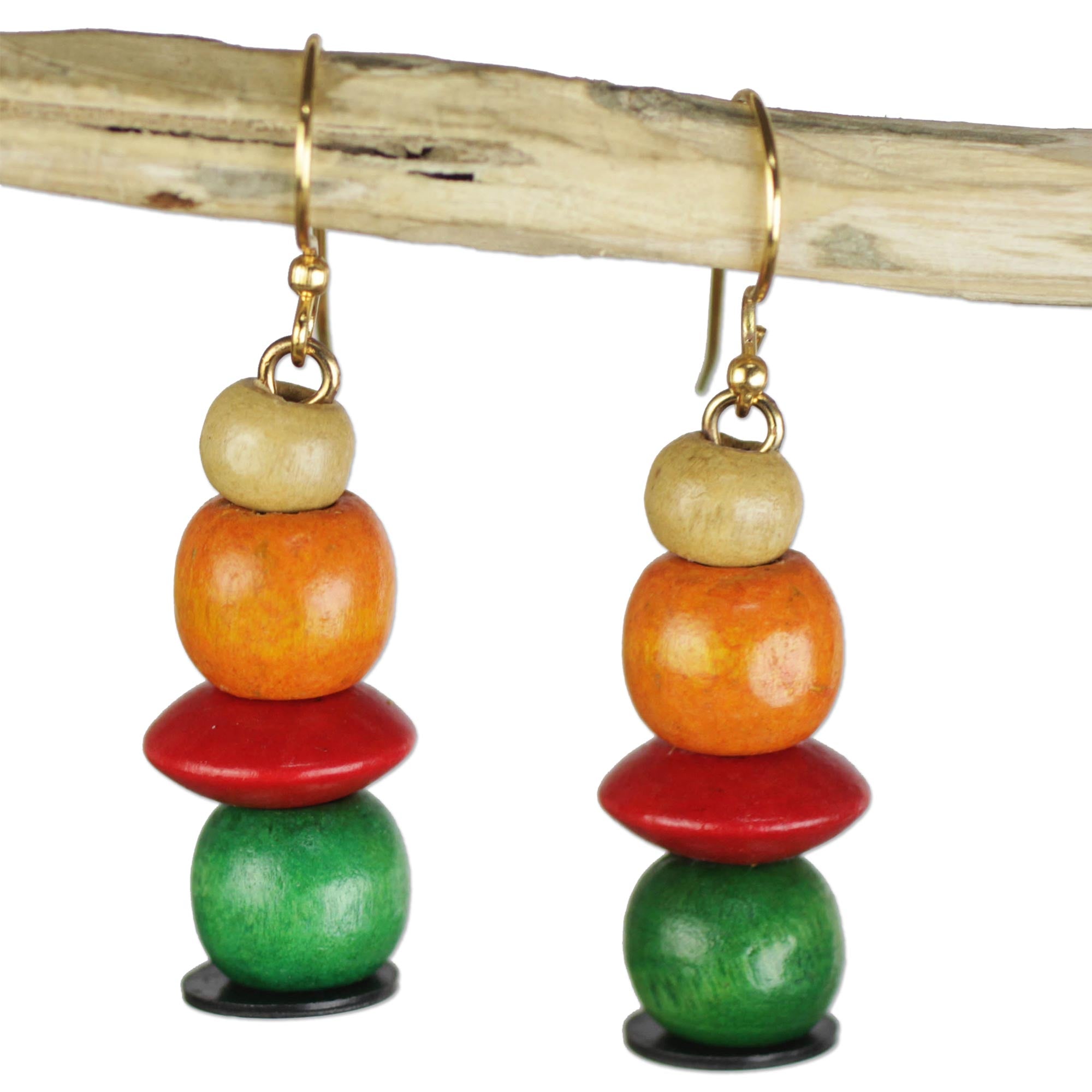 Premium Candy Columns Earrings - Orange, Red & Green Sese Wood Dangle Earrings