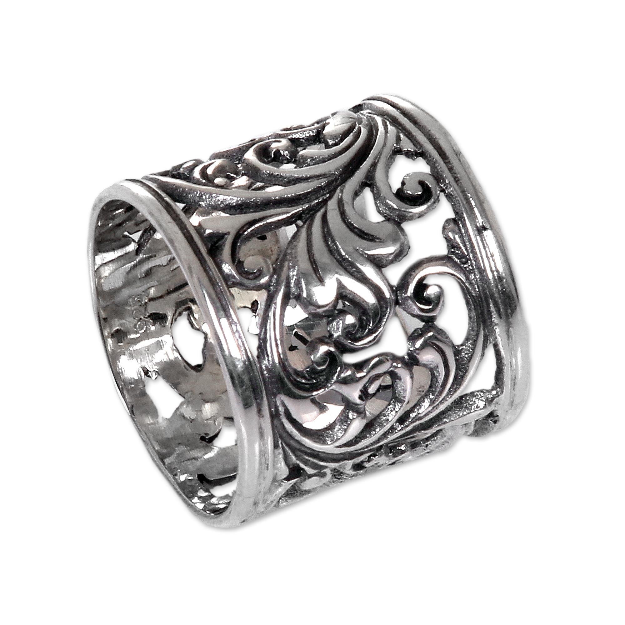 Premium Tropical Rainforest Inspired Sterling Silver Wide Band Ring for Women