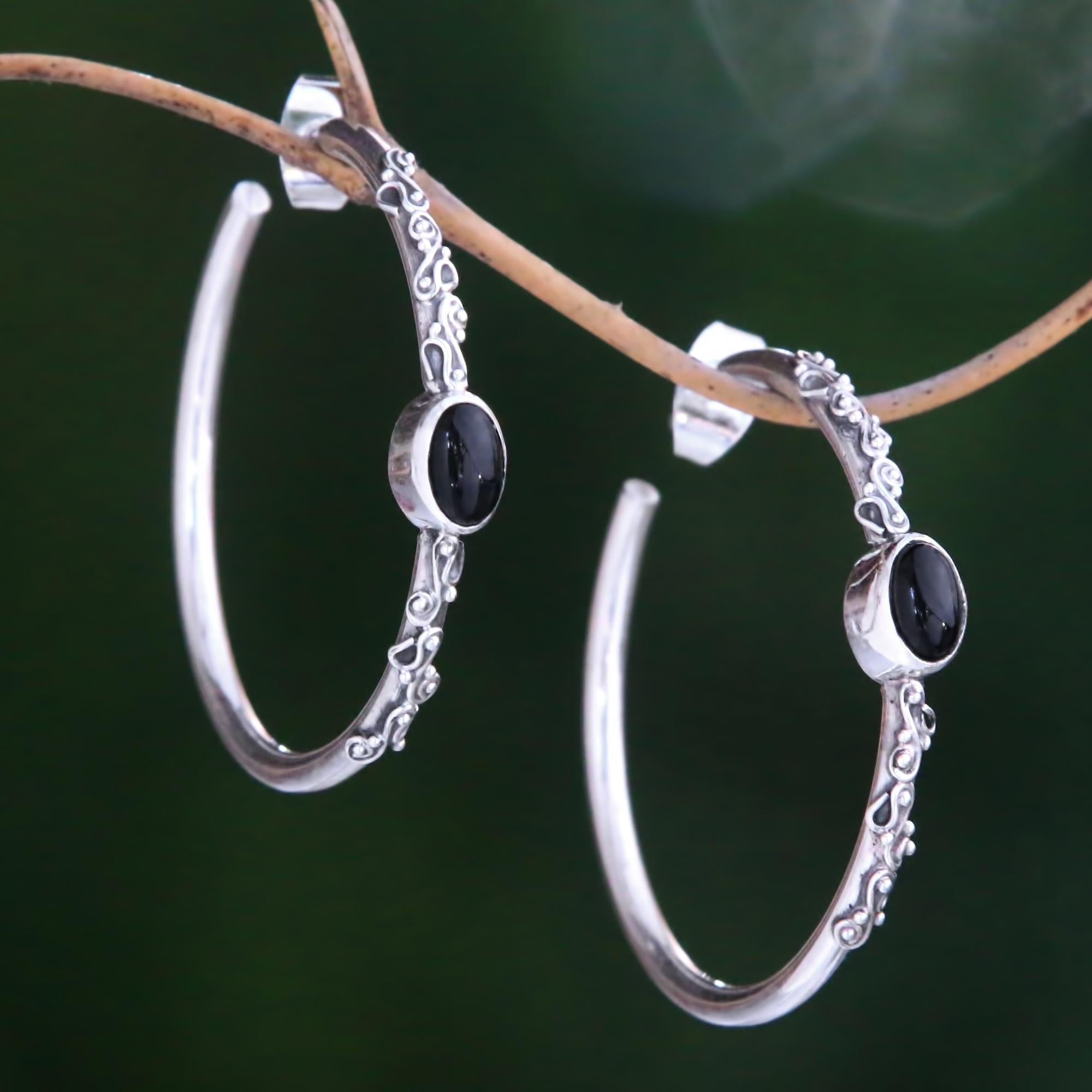 Premium Bali Memories Onyx Half-Hoop Earrings - Handcrafted Sterling Silver Jewelry