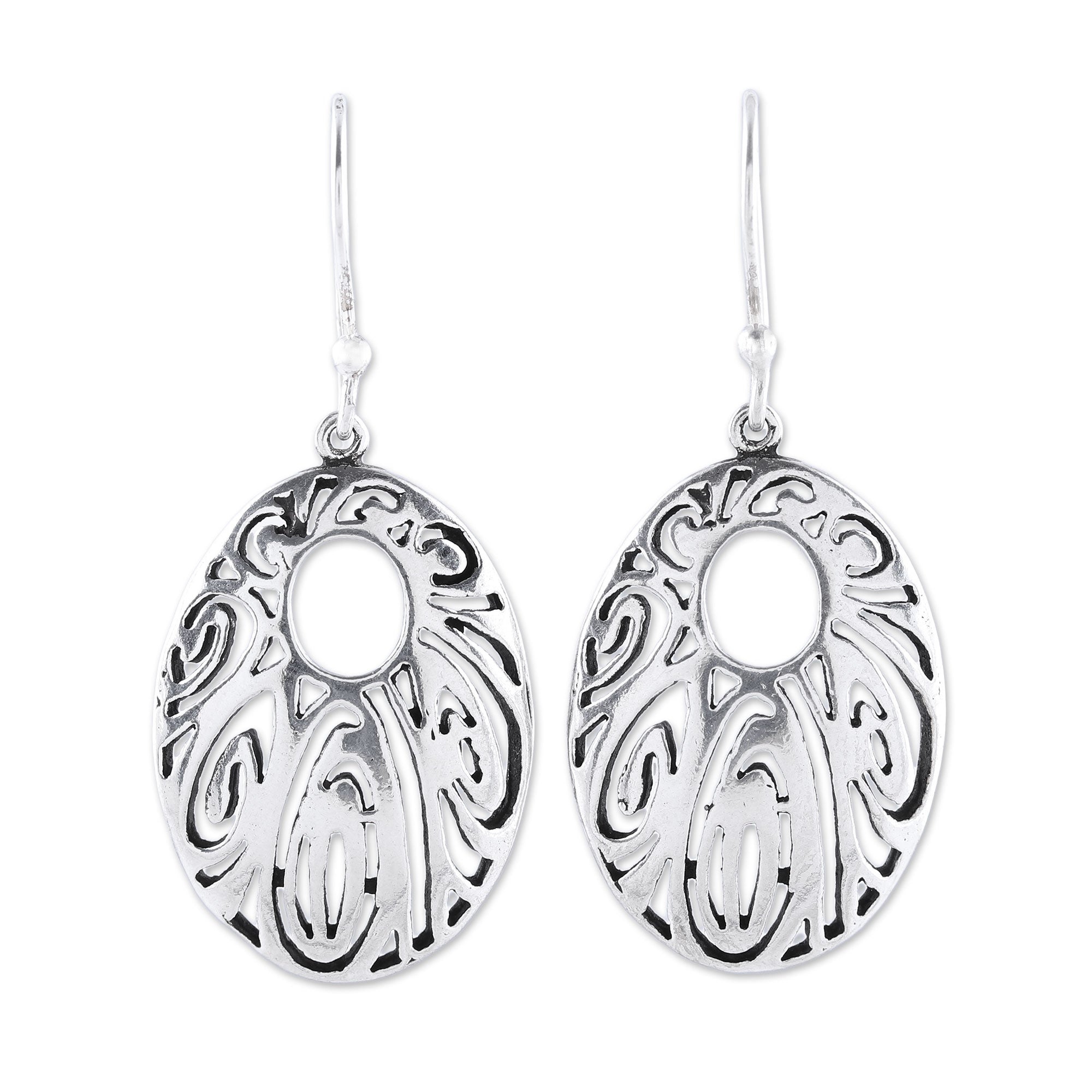 Premium Elliptical Sterling Silver Dangle Earrings – Elegant Openwork Design