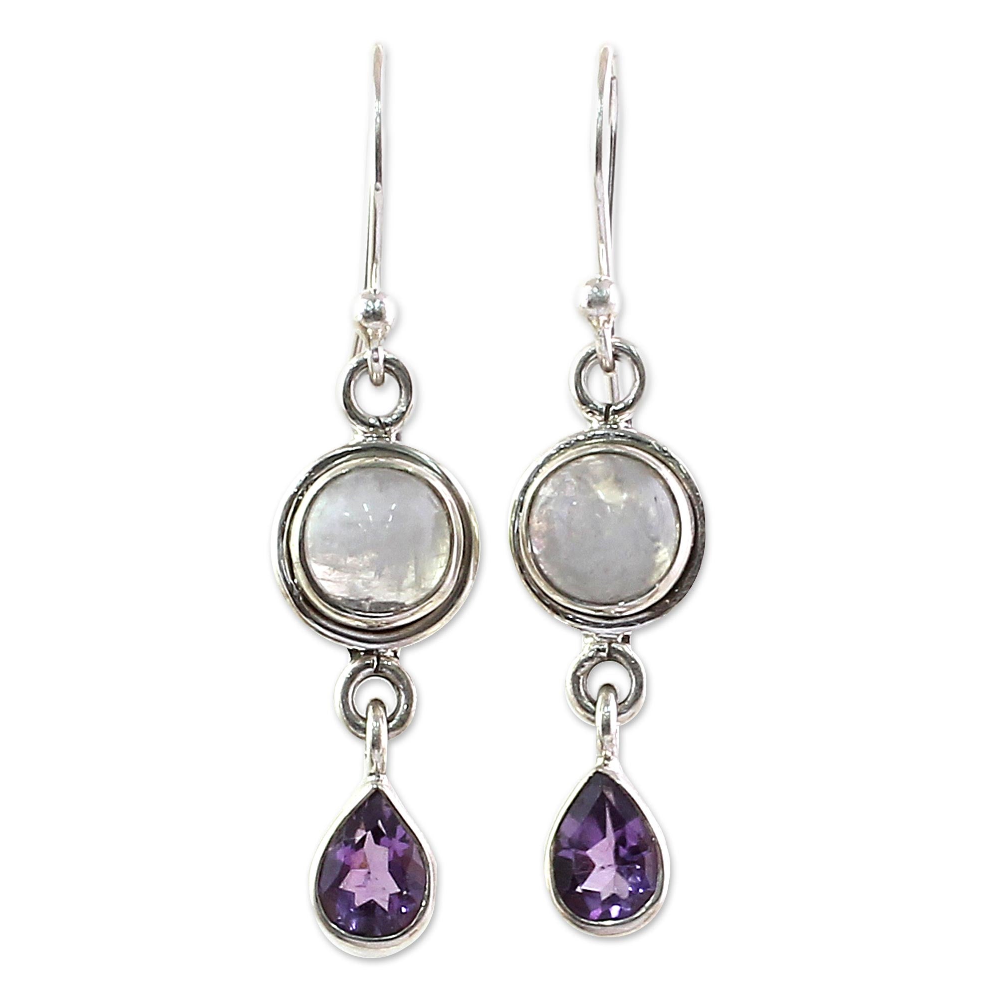 Premium Purple Droplets Amethyst & Rainbow Moonstone Dangle Earrings - Handcrafted in India