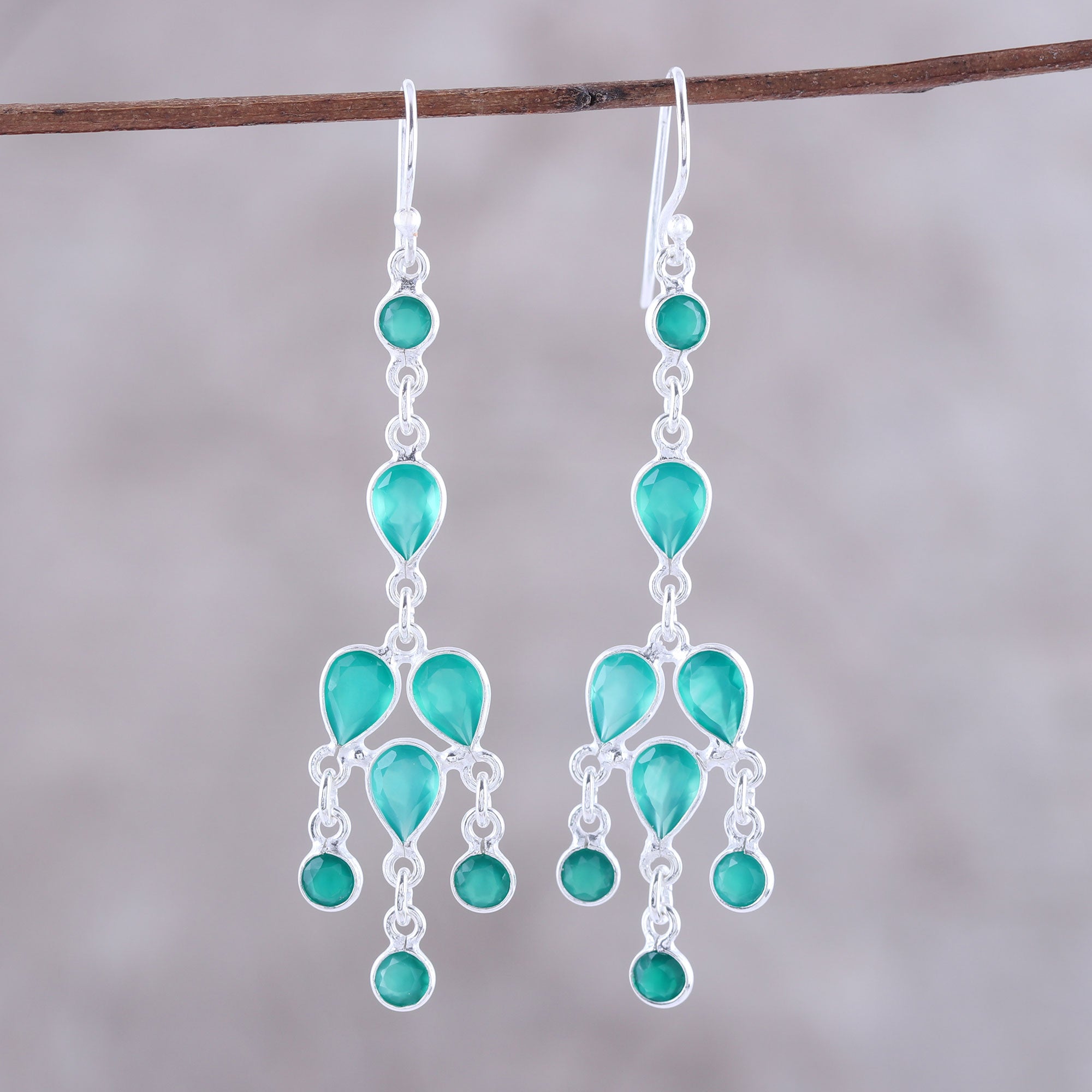 Premium Leafy Adornment Sterling Silver and Green Onyx Chandelier Earrings - Ultimate Elegance