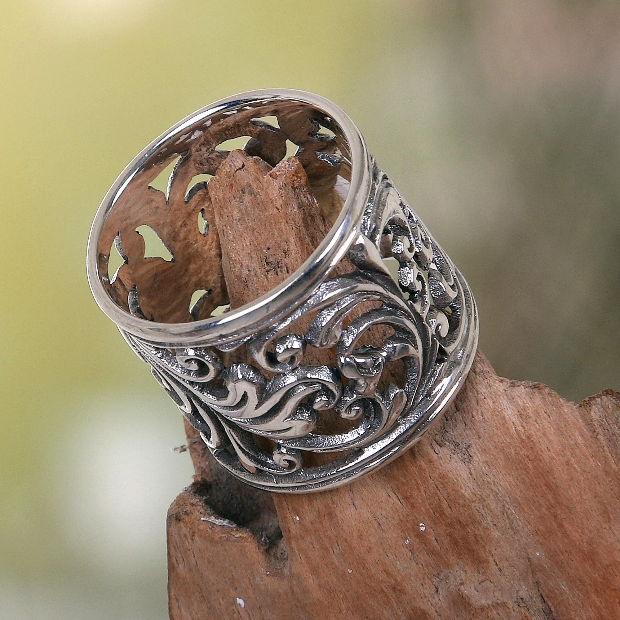 Premium Tropical Rainforest Inspired Sterling Silver Wide Band Ring for Women