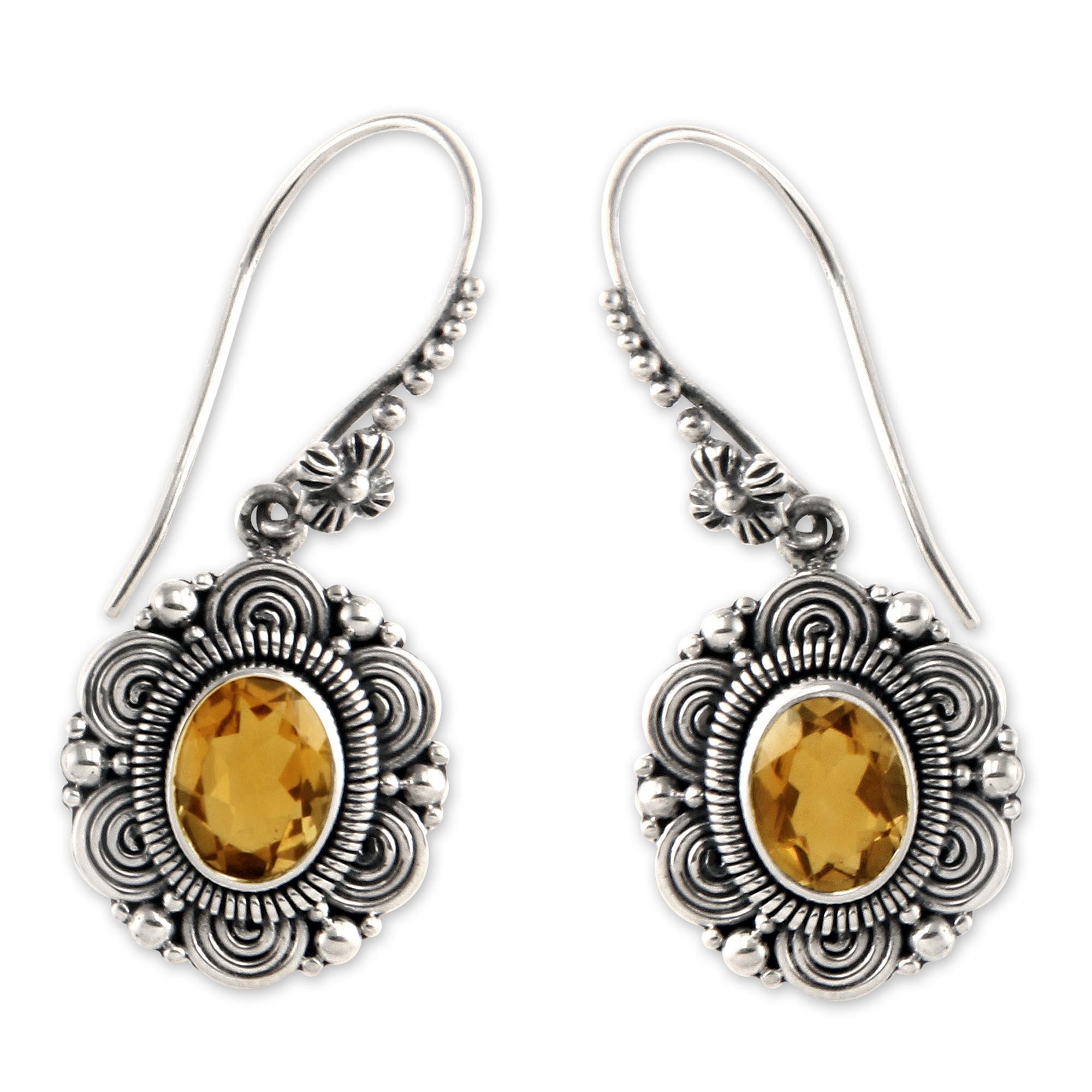 Premium Balinese Sunflower Sterling Silver Citrine Dangle Earrings