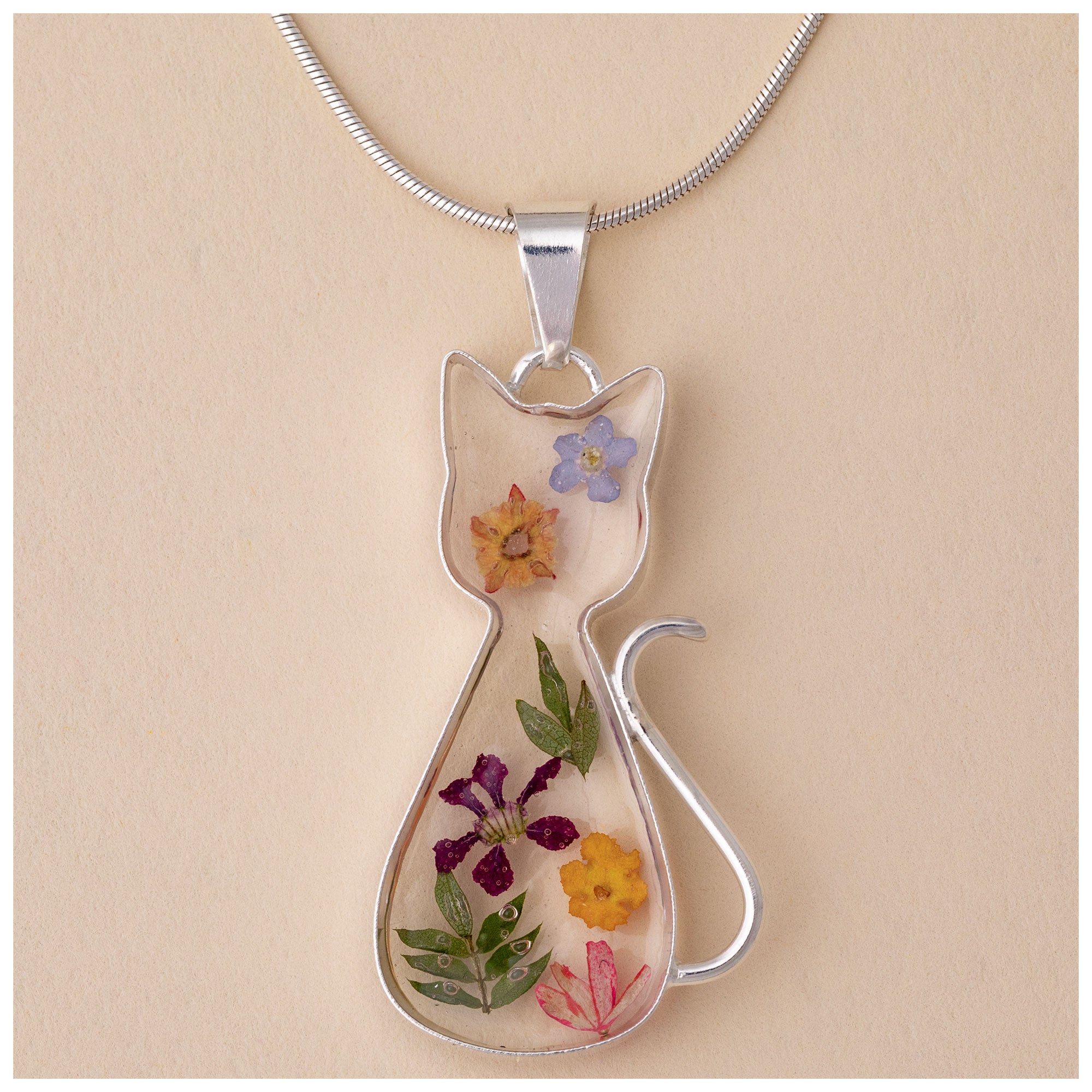 Premium Real Flower & Sterling Silver Cat Necklace