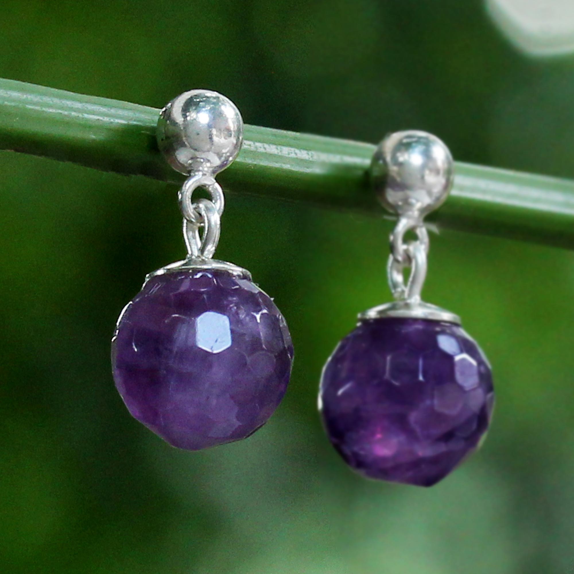 Premium Romantic Night Faceted Amethyst Sterling Silver Dangle Earrings - Handcrafted in Thailand