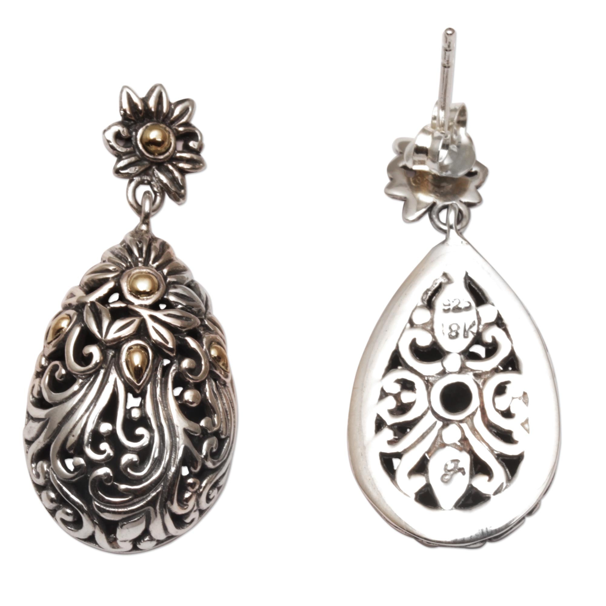 Premium 18k Gold & Sterling Silver Floral Dangle Earrings from Bali