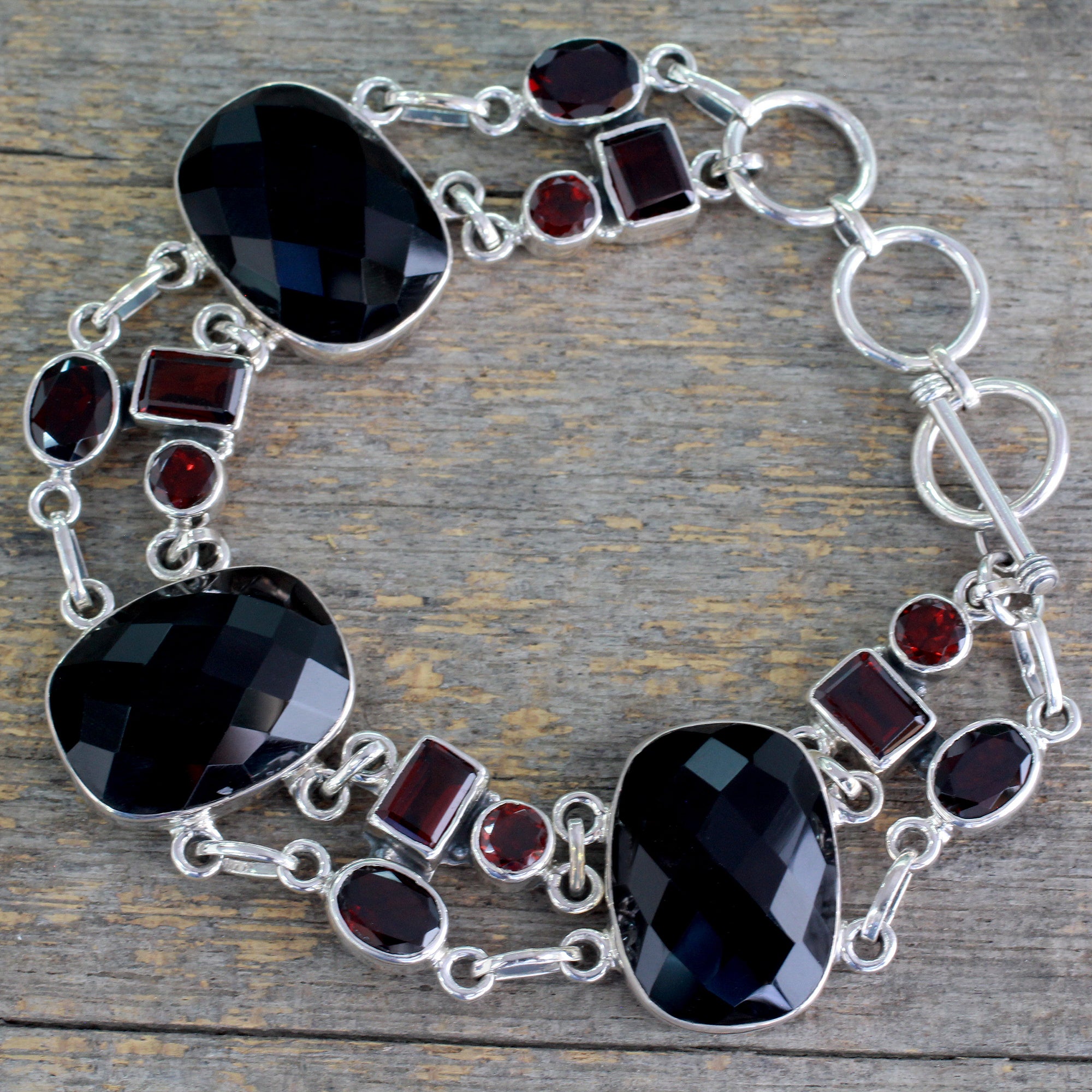 Premium Exotic Drama Onyx & Garnet Sterling Silver Bracelet