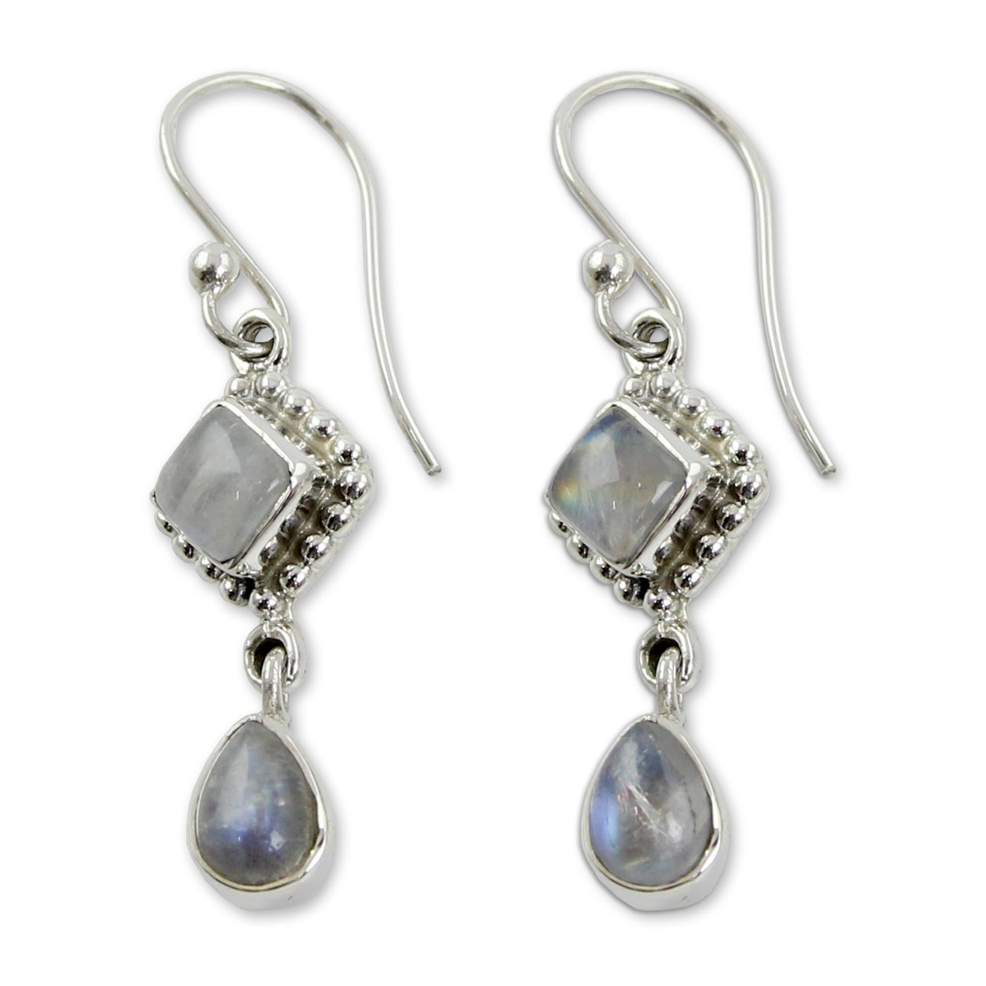 Premium Rainbow Moonstone & Sterling Silver Earrings - Handcrafted in India